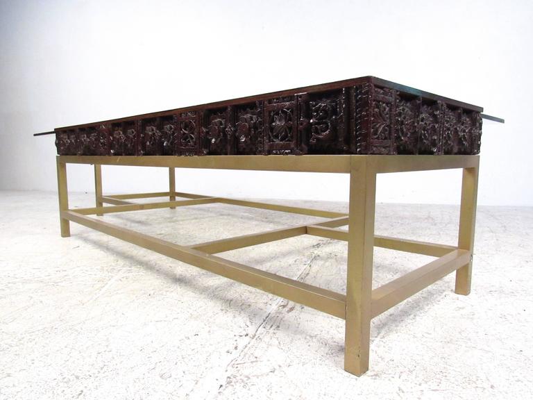 Mid-Century Modern Vintage Brass and Wood Coffee Table For Sale
