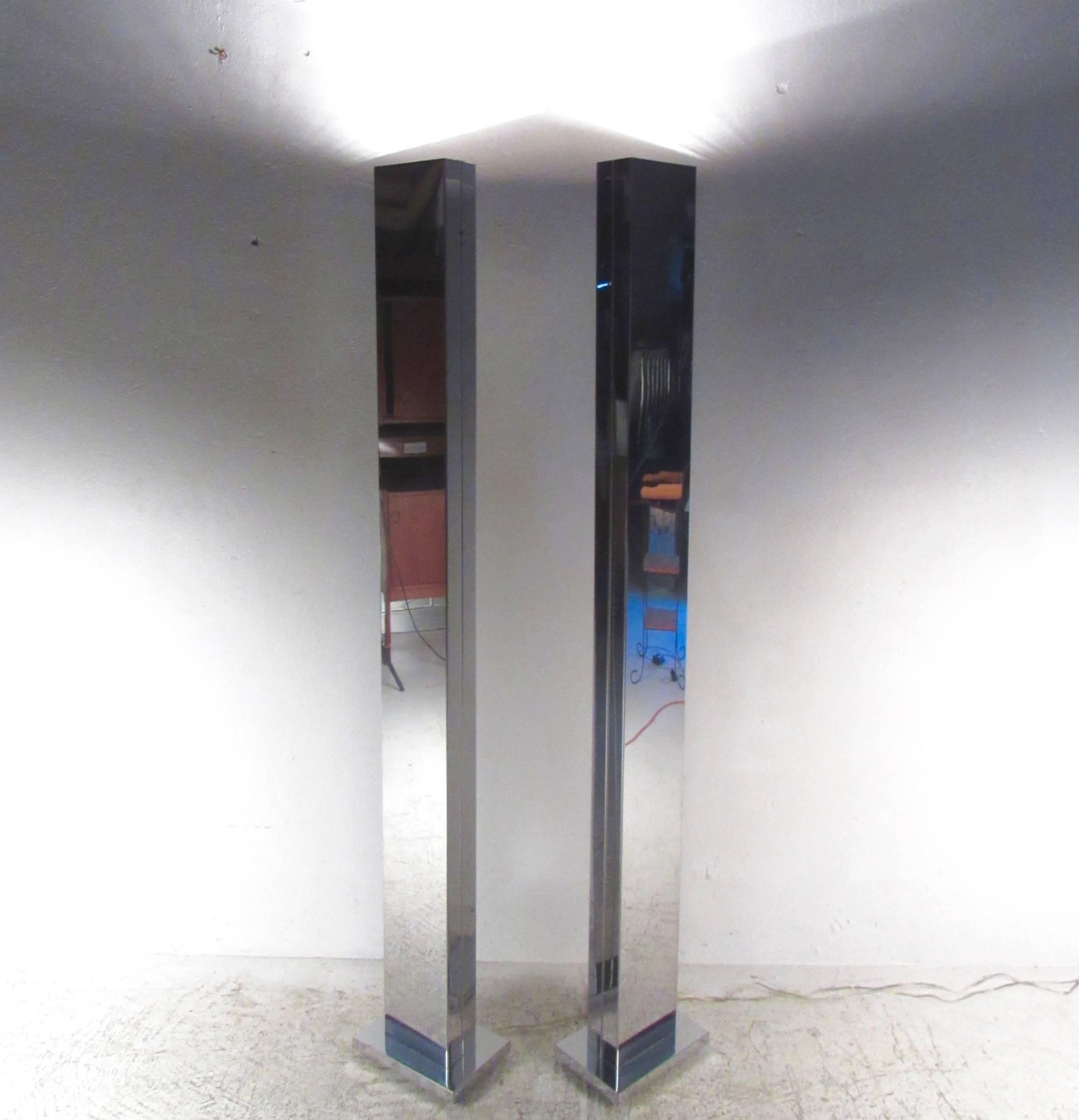 American Pair of Mid-Century Chrome Torchiere Skyscraper Floor Lamps by Casella