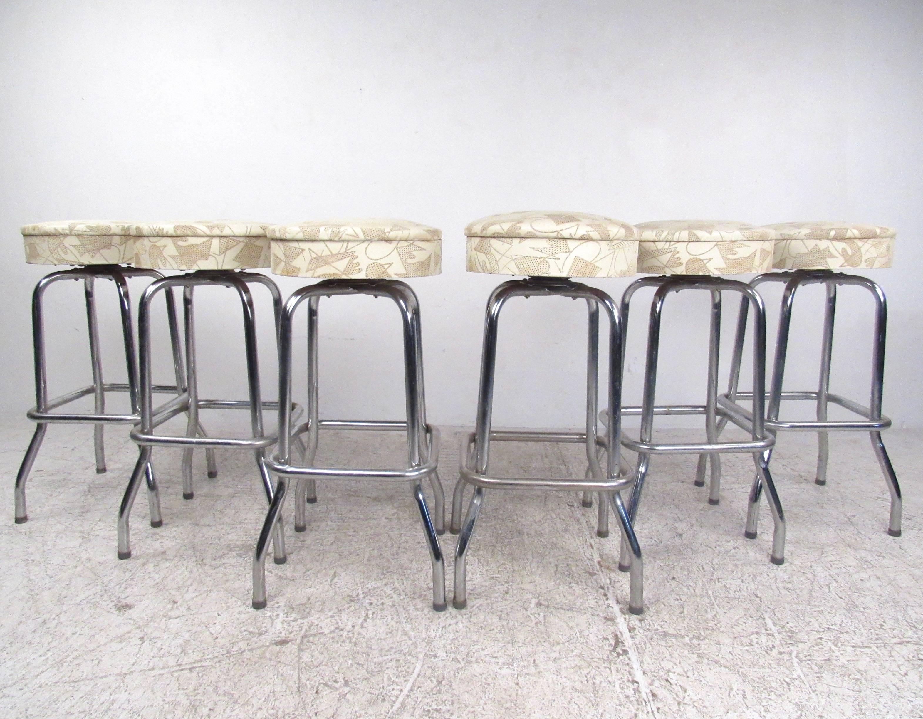 American Set of Six Mid-Century Modern Chrome and Vinyl Swivel Barstools For Sale