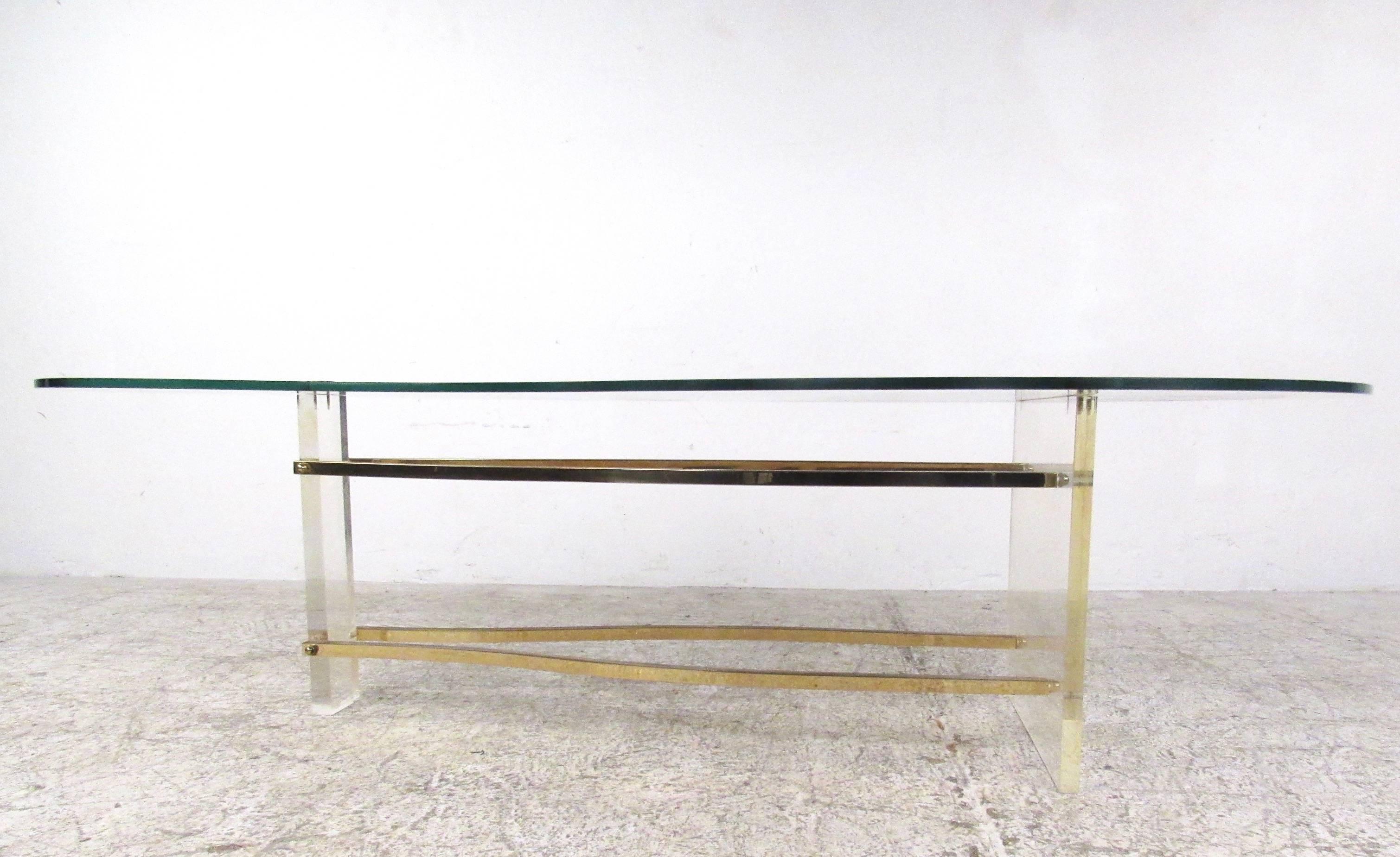 American Charles Hollis Jones Coffee Table in Brass and Lucite