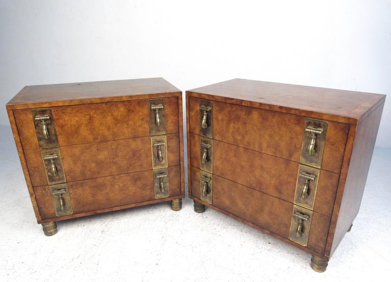 Pair of MidCentury Brass and Burl Wood Dressers by Mastercraft For