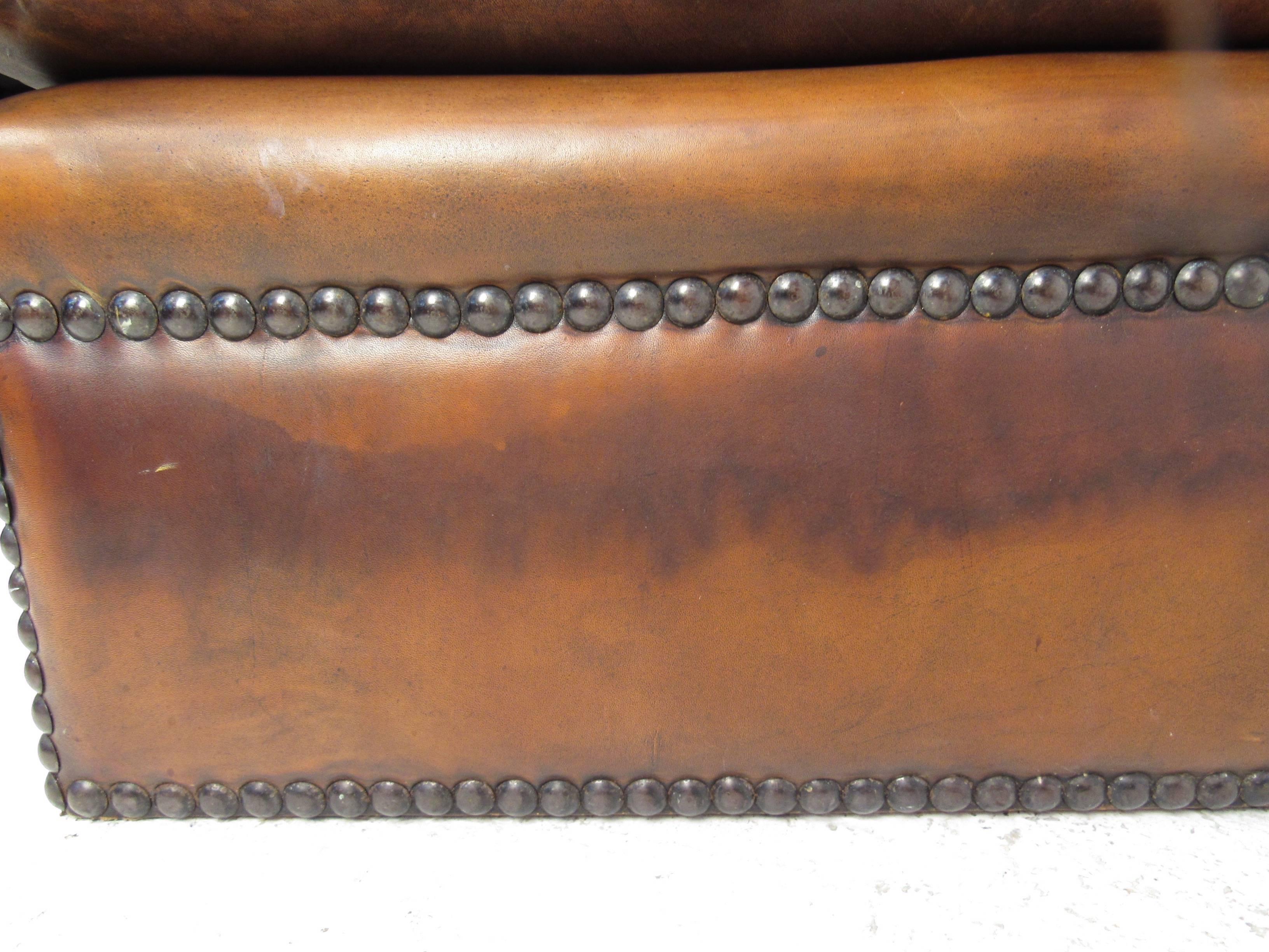 Mid-Century Modern Mid-Century Style Leather Ottoman with Brass Studs