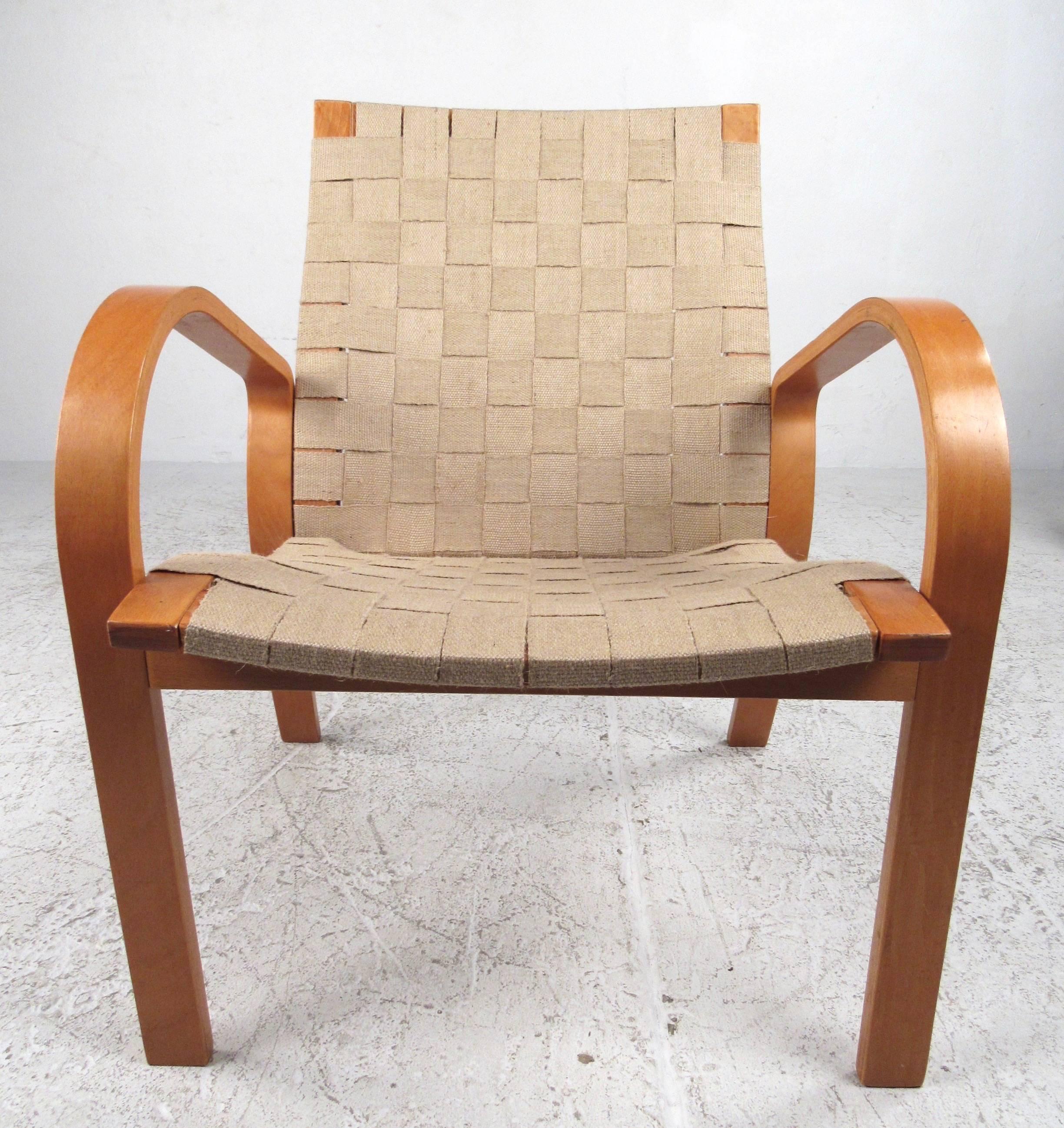 20th Century Pair of Vintage Alvar Aalto Style Linen Strap Armchairs
