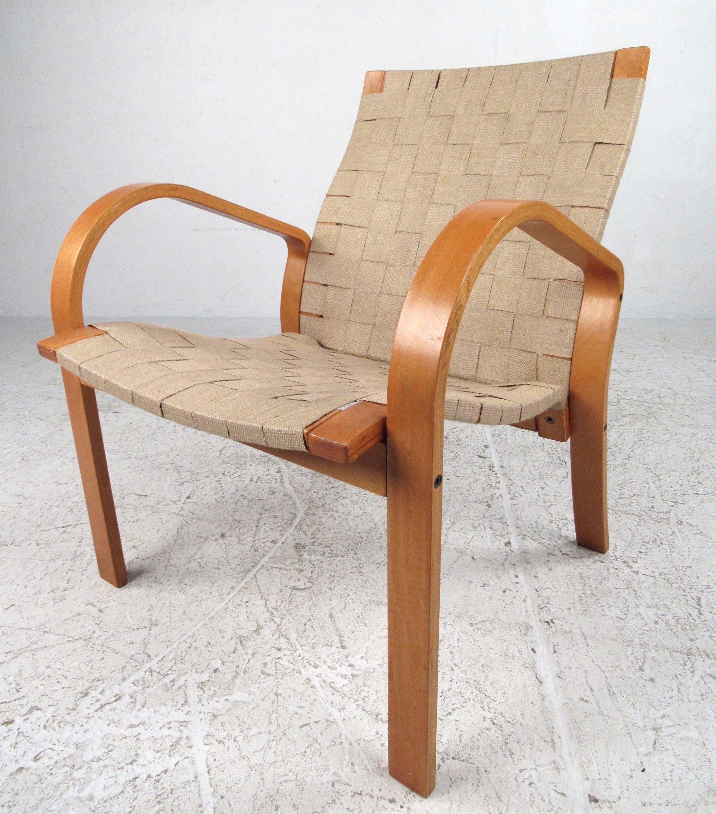 Pair of Vintage Alvar Aalto Style Linen Strap Armchairs 1