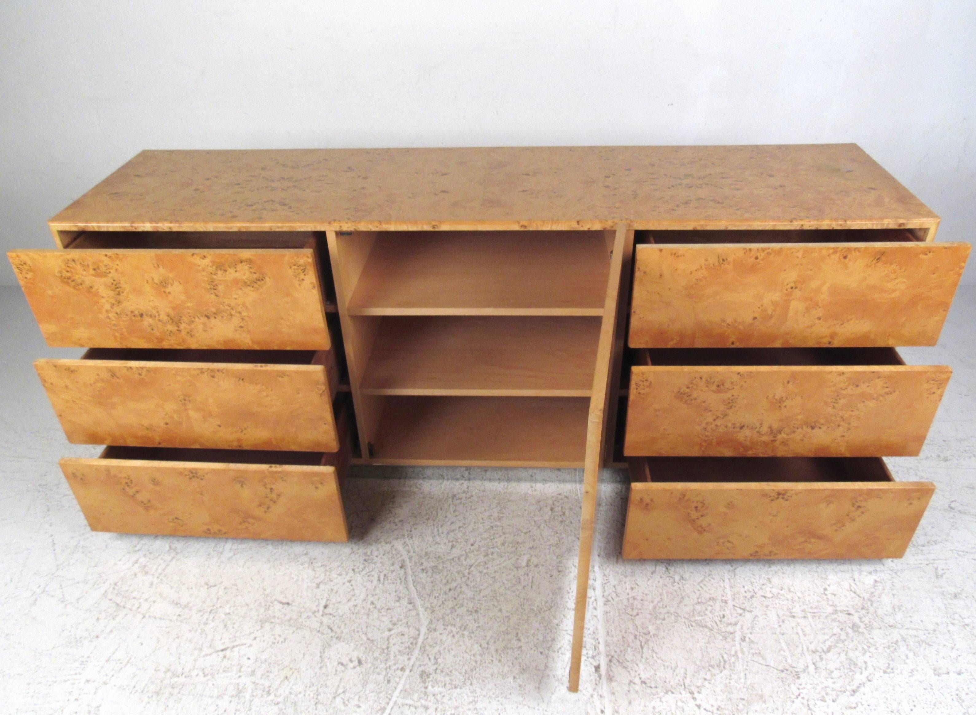 Mid-Century Modern Burl Wood and Chrome Sideboard Cabinet in the Style of Milo Baughman