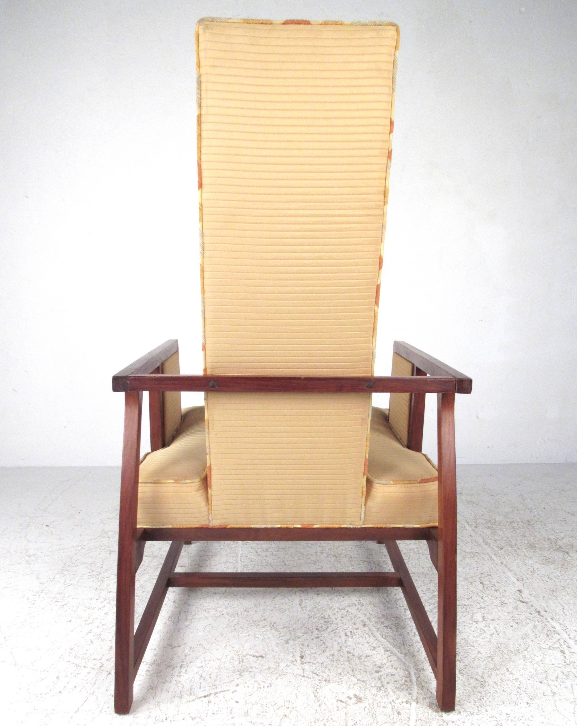 Fabric Mid-Century Modern Pair Sculptural Teak High Back Armchairs
