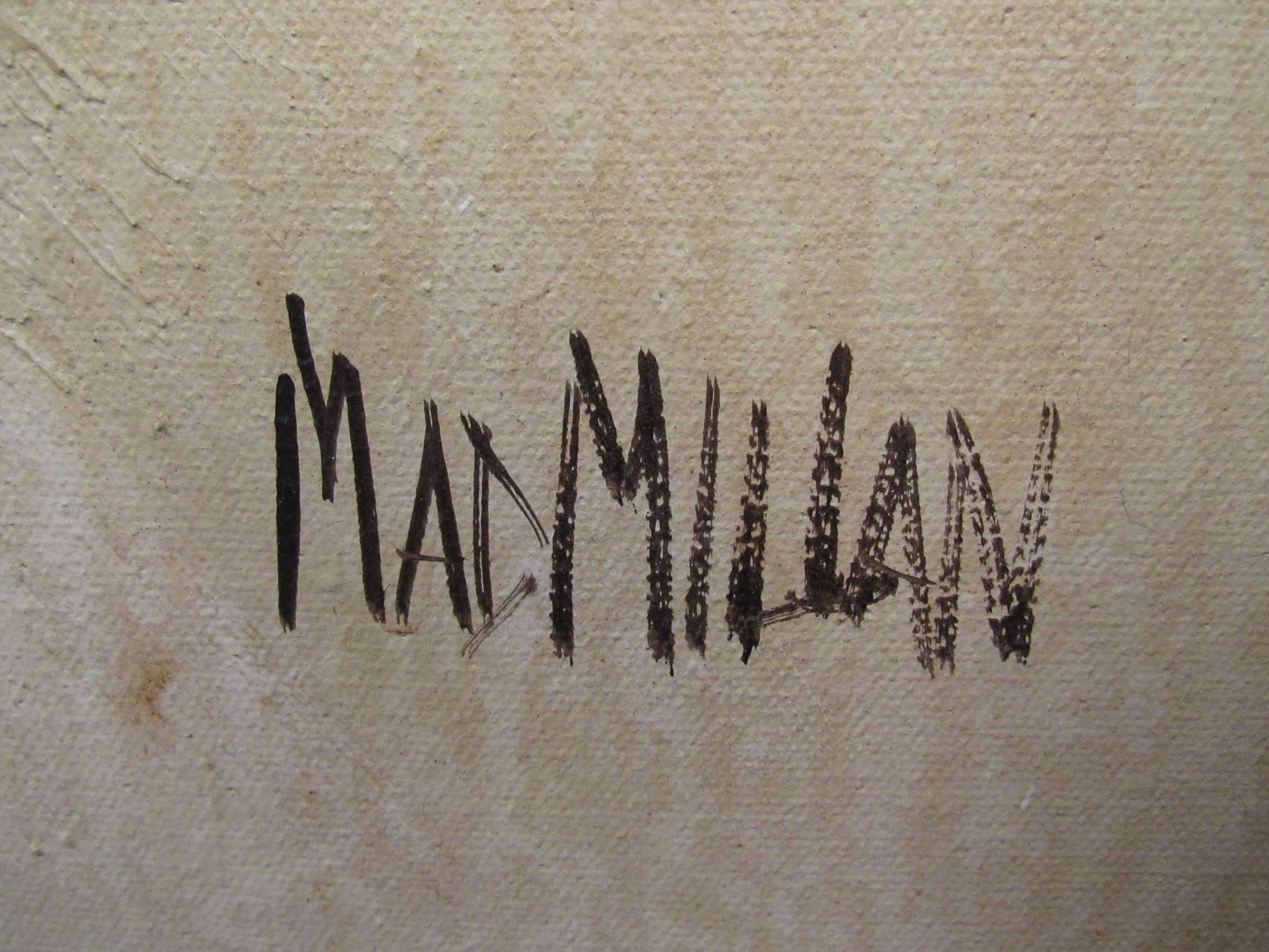 Peinture acrylique moderne du milieu du siècle dernier avec cadre en faux cuir, signée Macmillan Bon état - En vente à Brooklyn, NY
