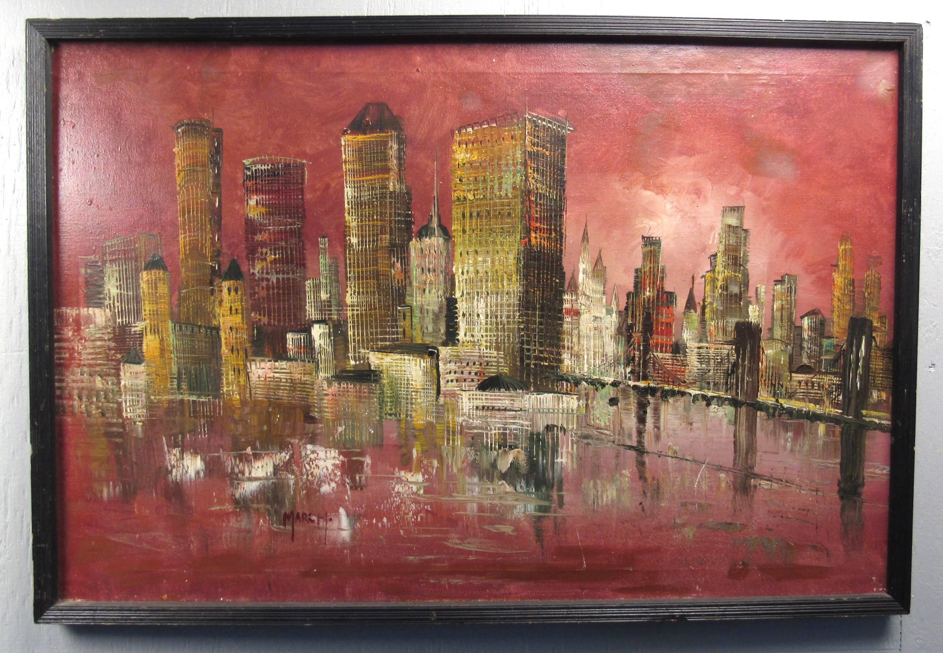 Este hermoso cuadro de mediados de siglo presenta una representación única del horizonte de la ciudad reflejado sobre el río. La paleta vintage única distingue esta hermosa pieza de otras pinturas vintage. Gran adición a la decoración interior para