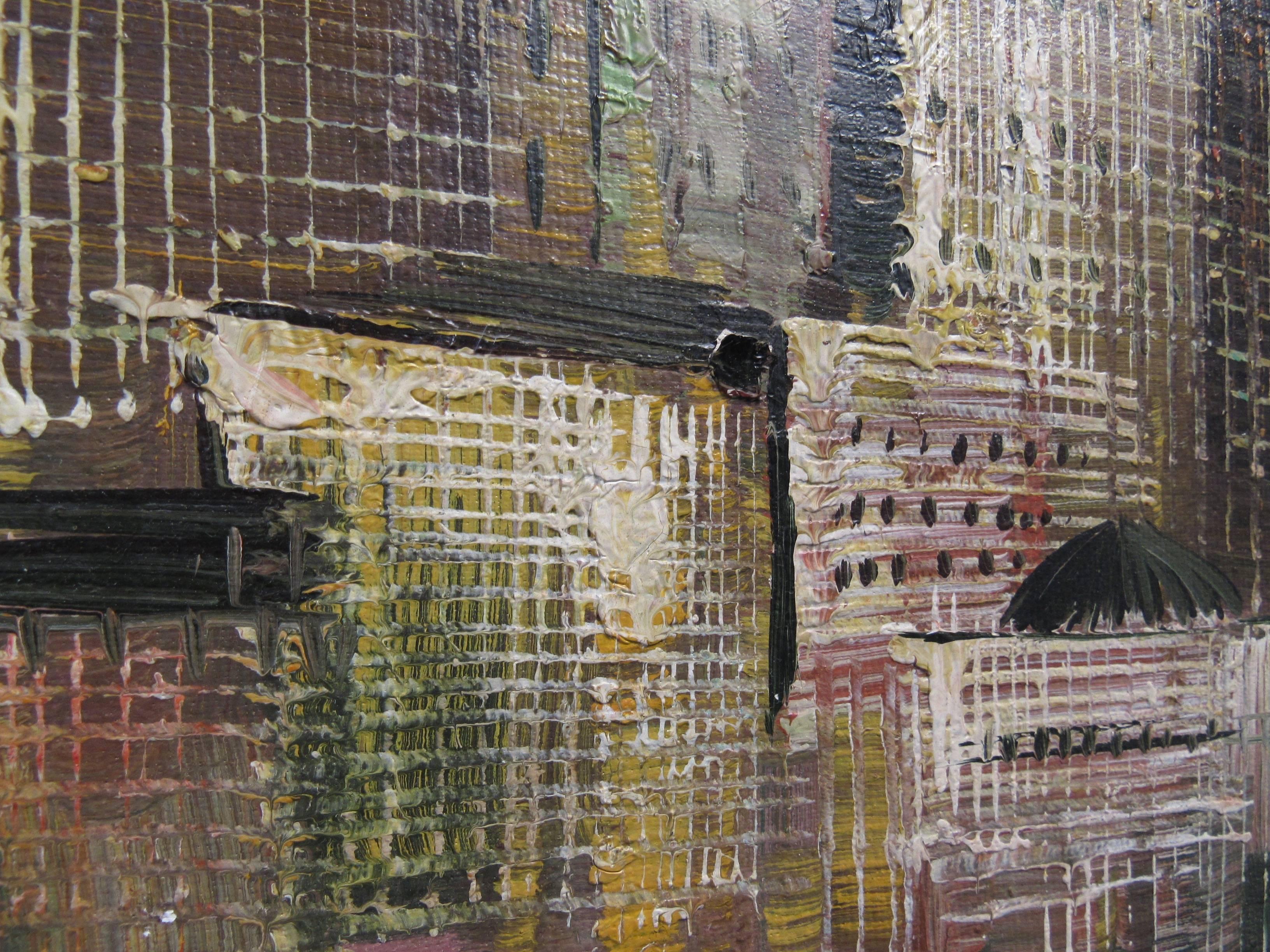 Américain The Moderns Modernity Acrylic Painting of City Skyline, Signed March en vente