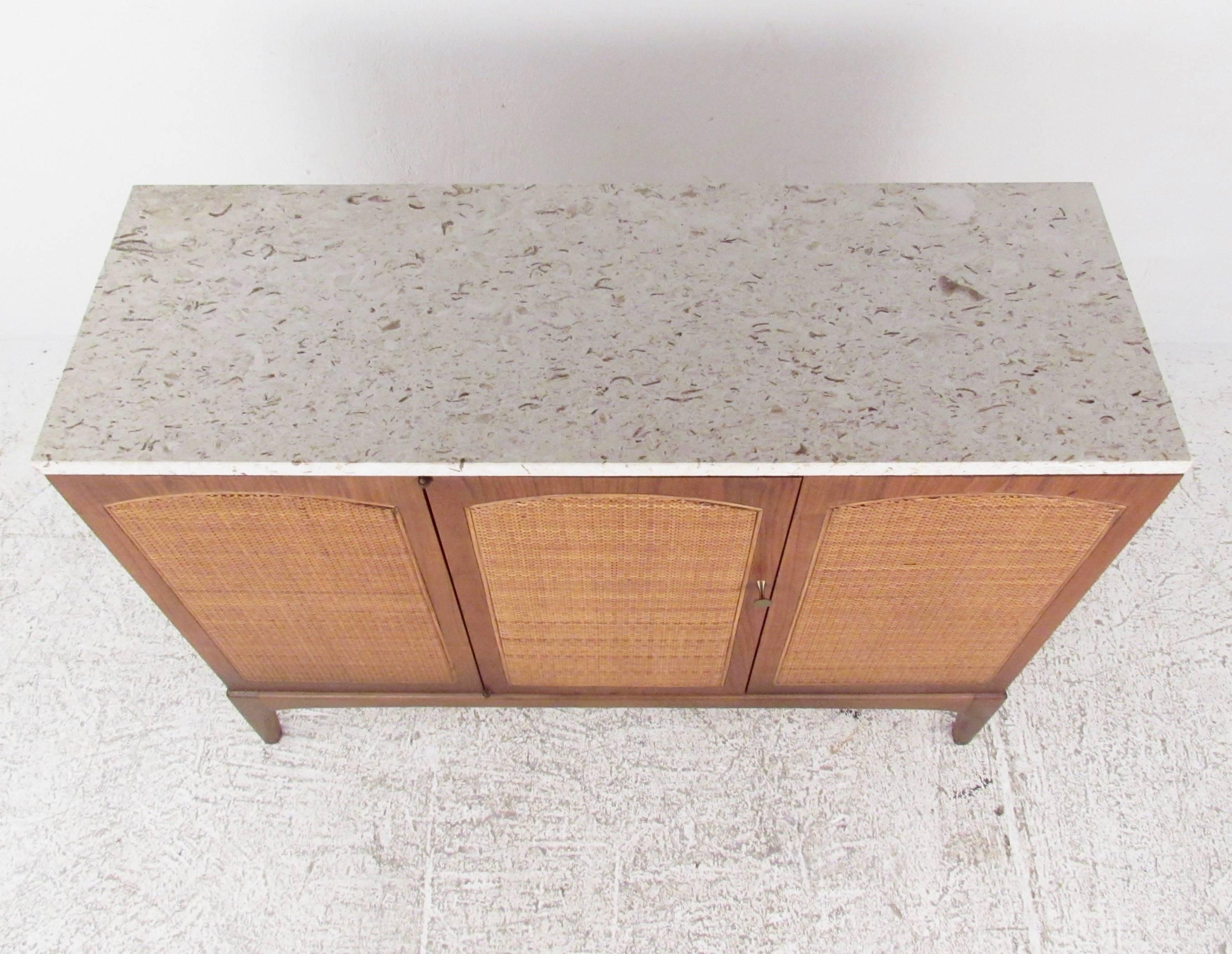 Mid-Century Credenza With Marble Top and Cane Front In Good Condition In Brooklyn, NY