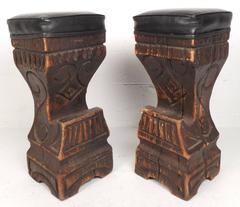 Mid-Century Modern Carved Tiki Bar Stools by Witco
