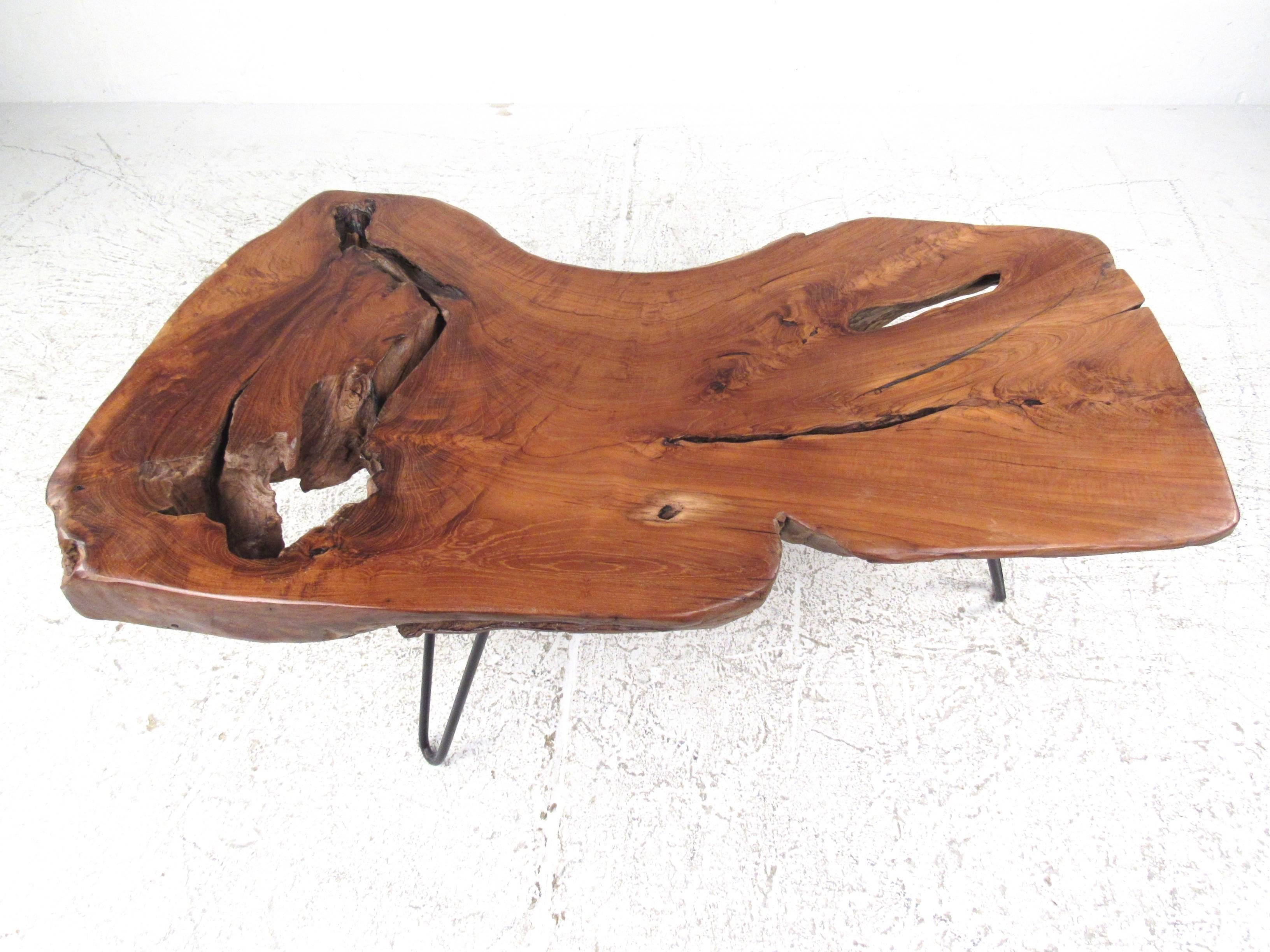 Mid-Century Modern Rustic Modern Free Edge Tree Slab Coffee Table on Hairpin Legs