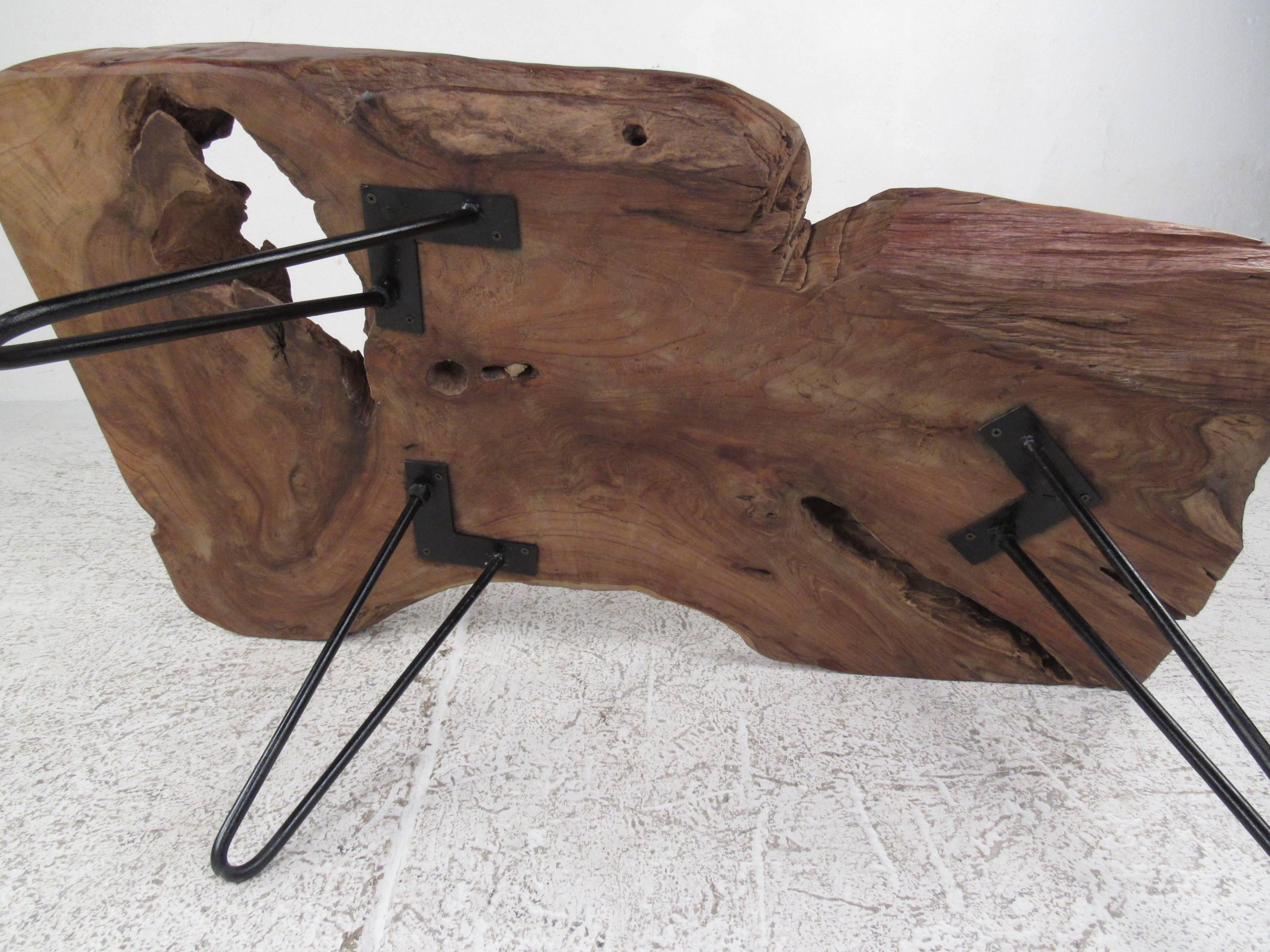Rustic Modern Free Edge Tree Slab Coffee Table on Hairpin Legs In Good Condition In Brooklyn, NY