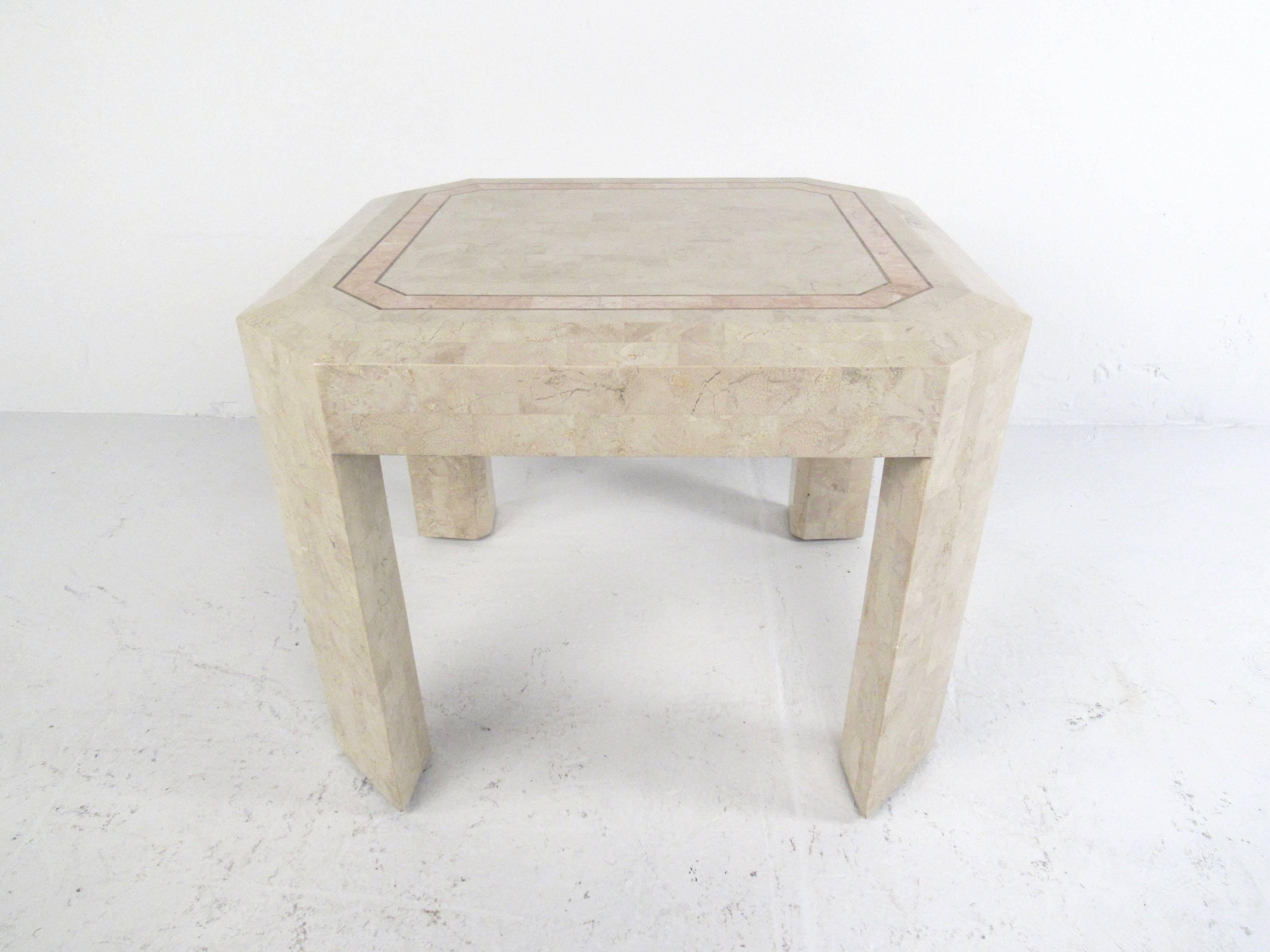 This elegant tessellated stone end table features sculpted legs, mosaic tile like design, and unique banded two-tone inlay. Perfect height for use as sofa end table or as an occasional side table in any office or seating setting. Please confirm item