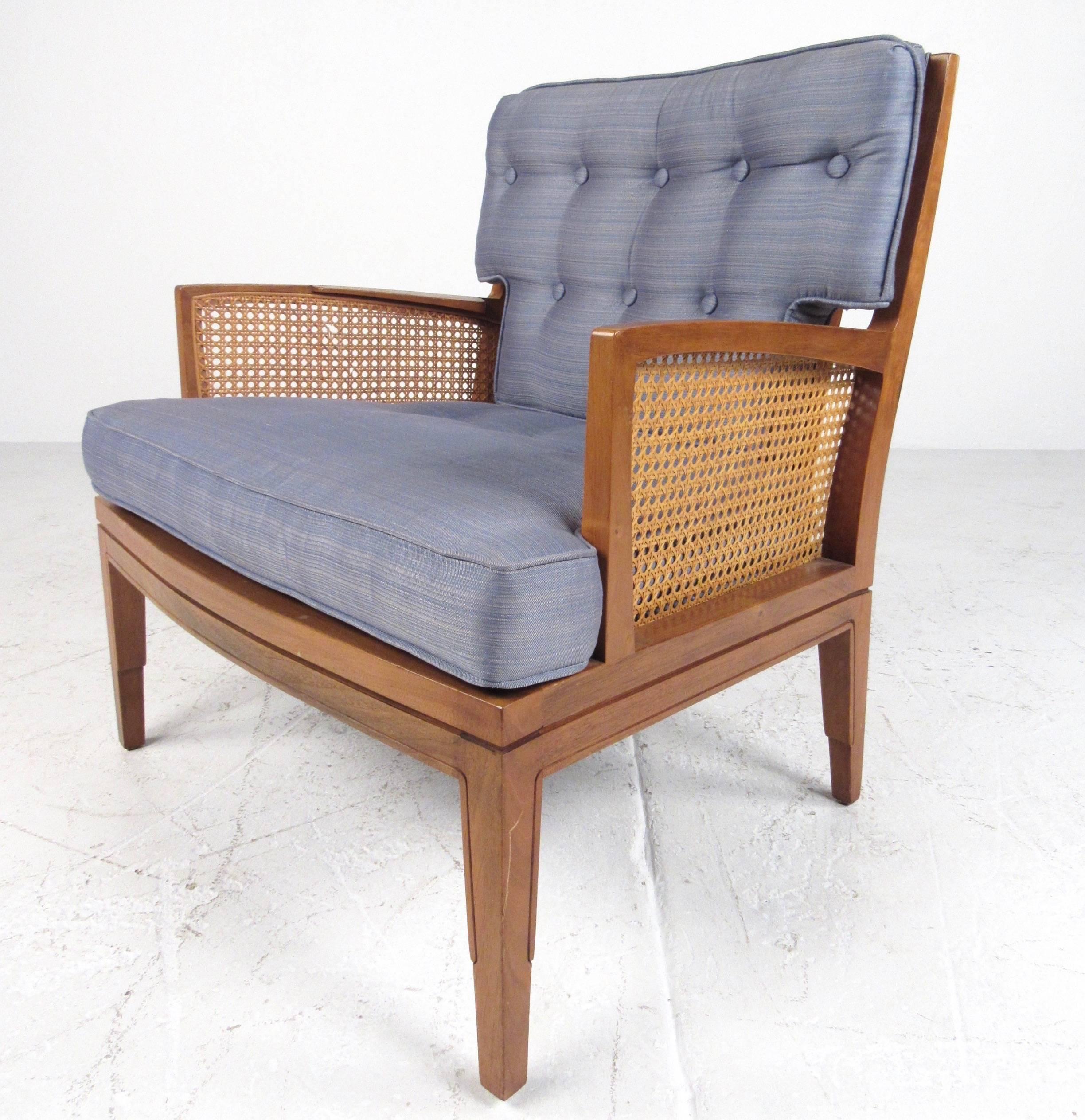 Mid-Century Modern Set of Four Walnut and Cane Lounge Chairs
