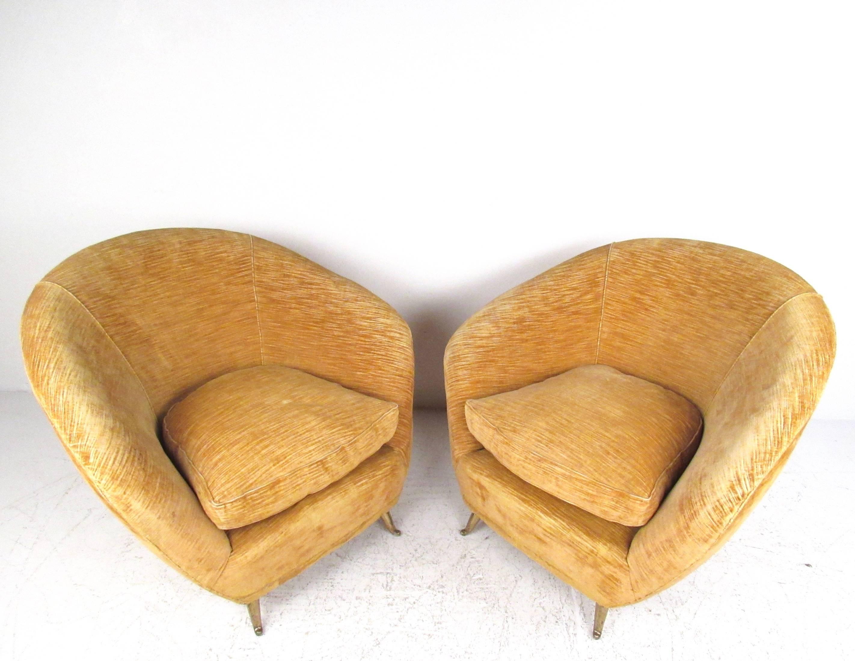 Mid-Century Modern Pair Italian Modern Club Chairs With Brass Legs