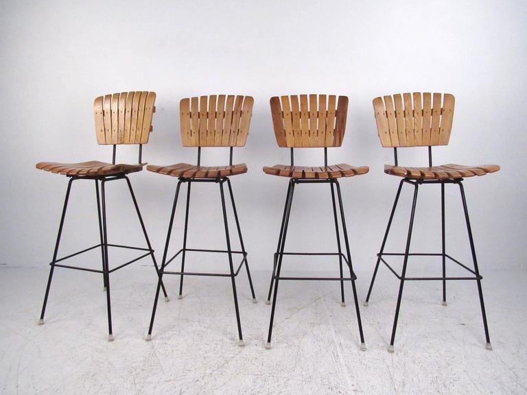 Set Of Mid Century Modern Arthur Umanoff Style Slat Bar Stools At American Set Of Mid Century Modern Arthur Umanoff Style Slat Bar Stools For
