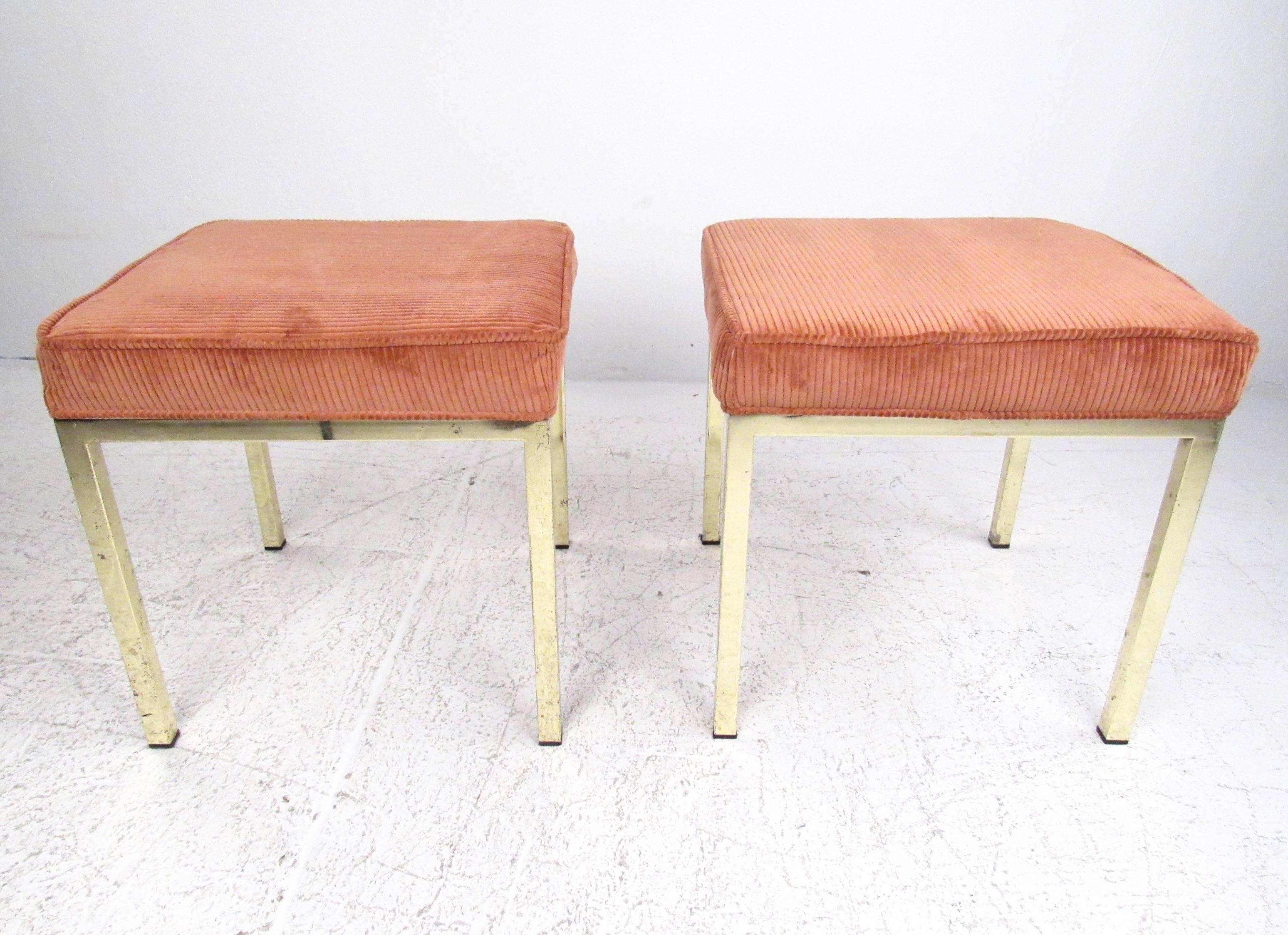 This pair of brass base decorators stools makes a stylish vintage addition to any setting, for use as occasional seating or as side stools. The ribbed fabric features piping along the edges and provides a stylish complimentary texture to the vintage