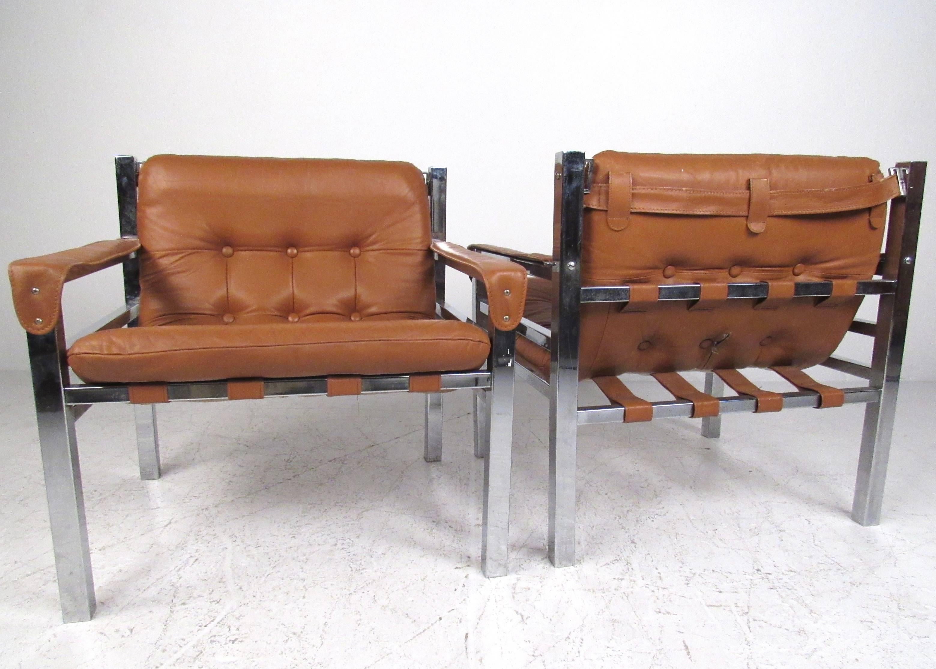 American Pair of Mid-Century Modern Leather and Chrome Lounge Chairs