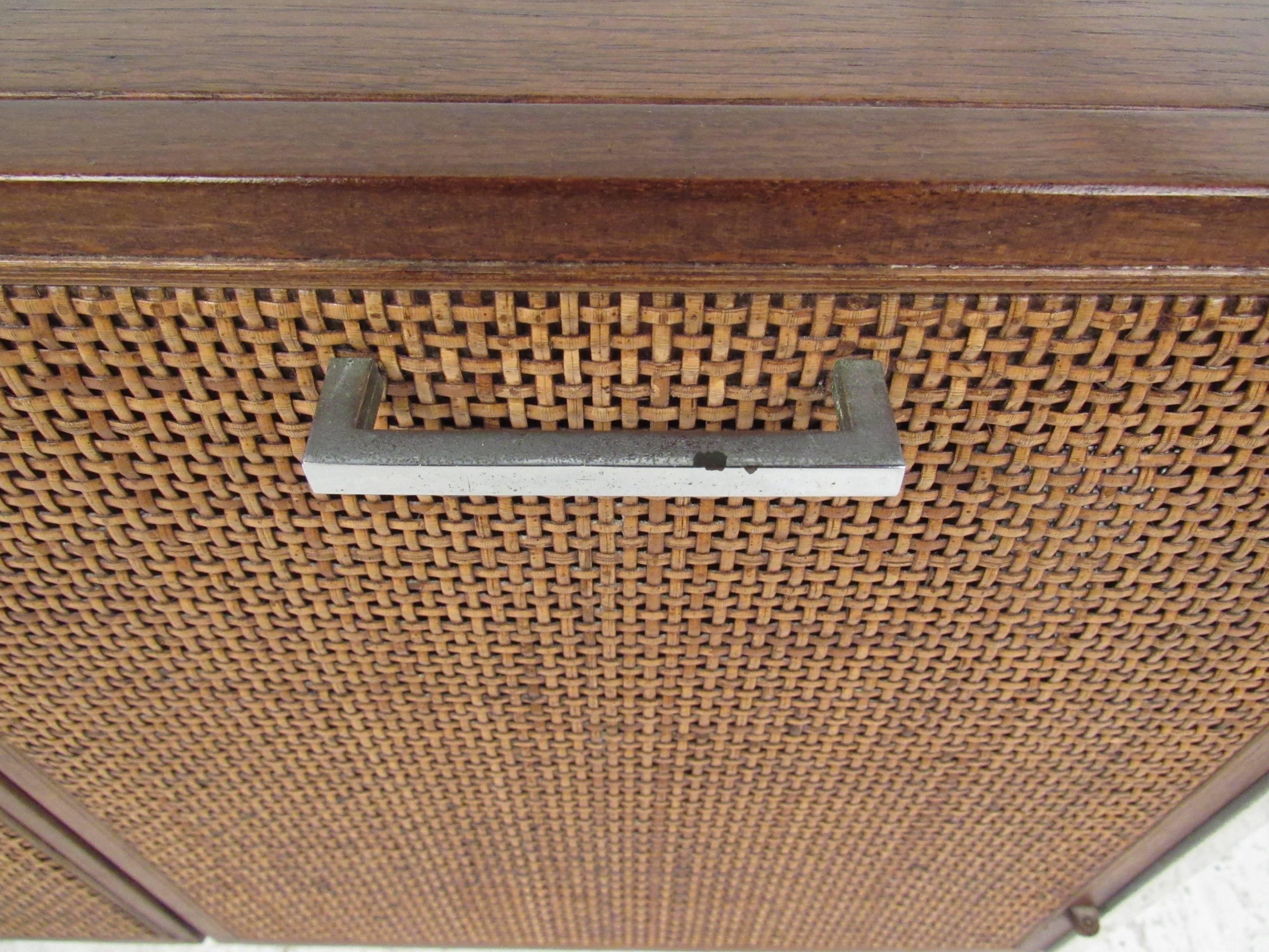Wicker Mid-Century Modern Cane Front Storage Cabinet