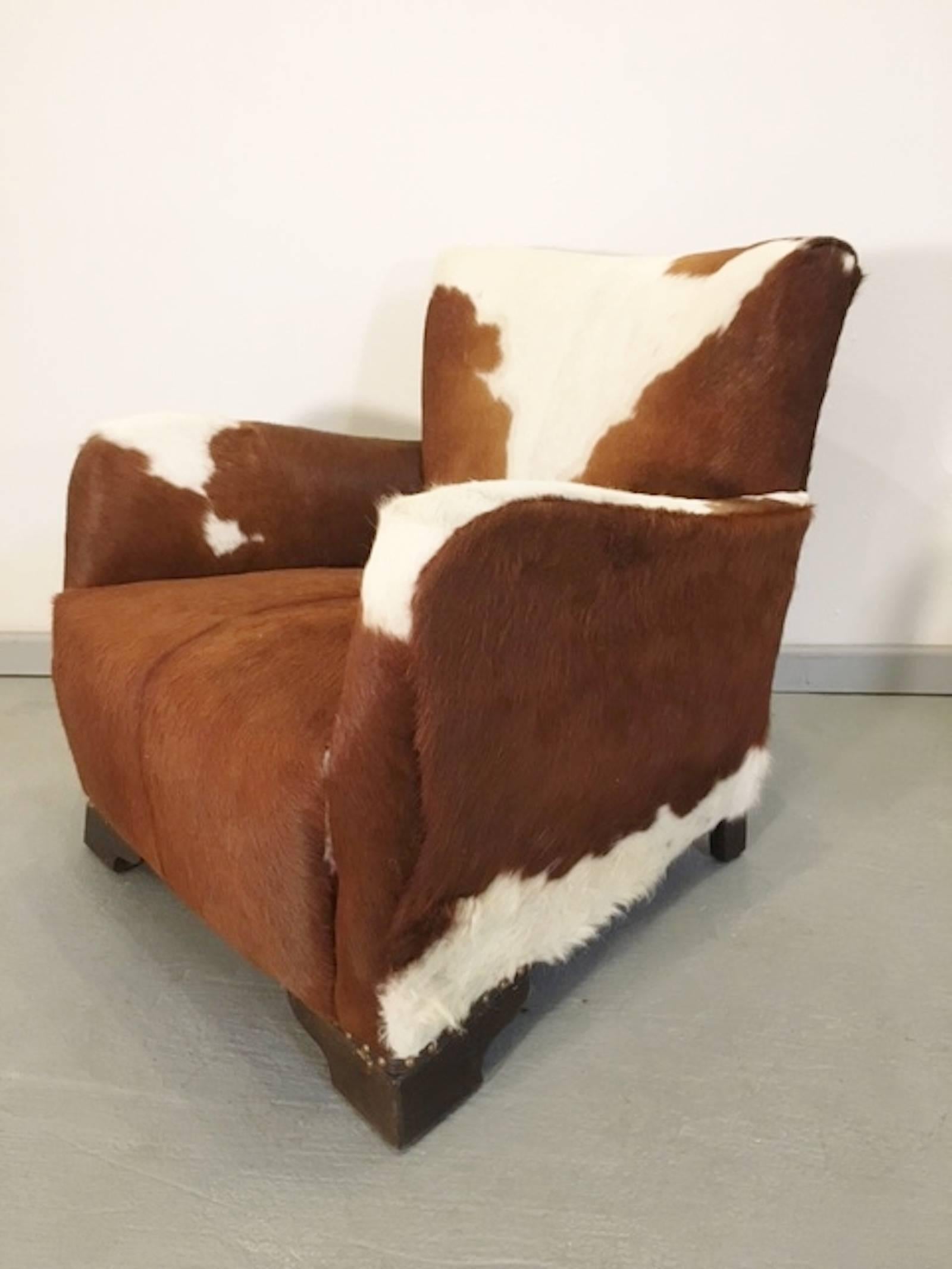 Pair of Unique French Smoking Chairs in Stunning Cowhide 3