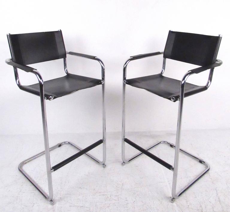 Pair of MidCentury Style Chrome and Leather Cantilever Bar Stools For