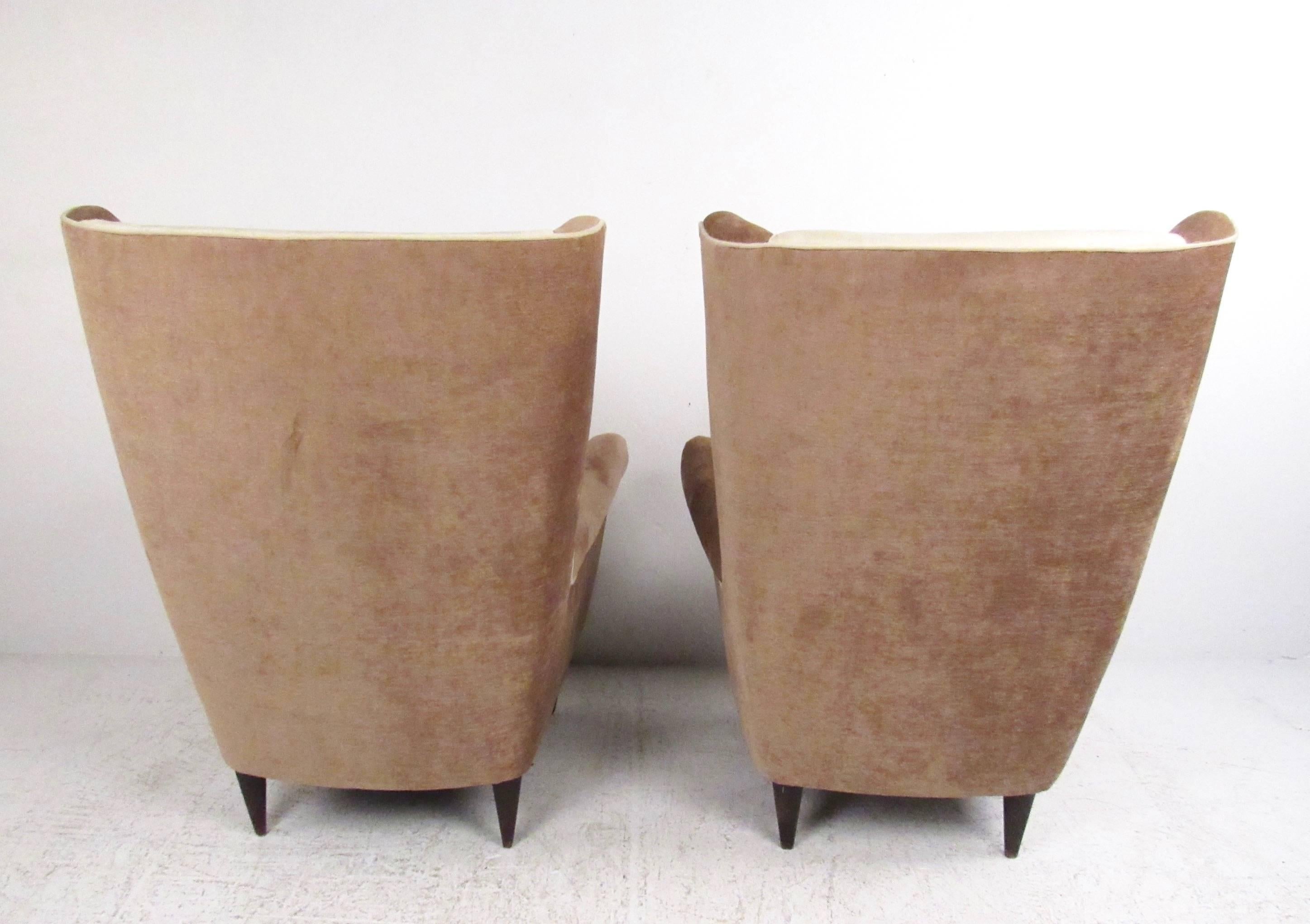 Fabric Pair of Modern Italian High Back Lounge Chairs For Sale