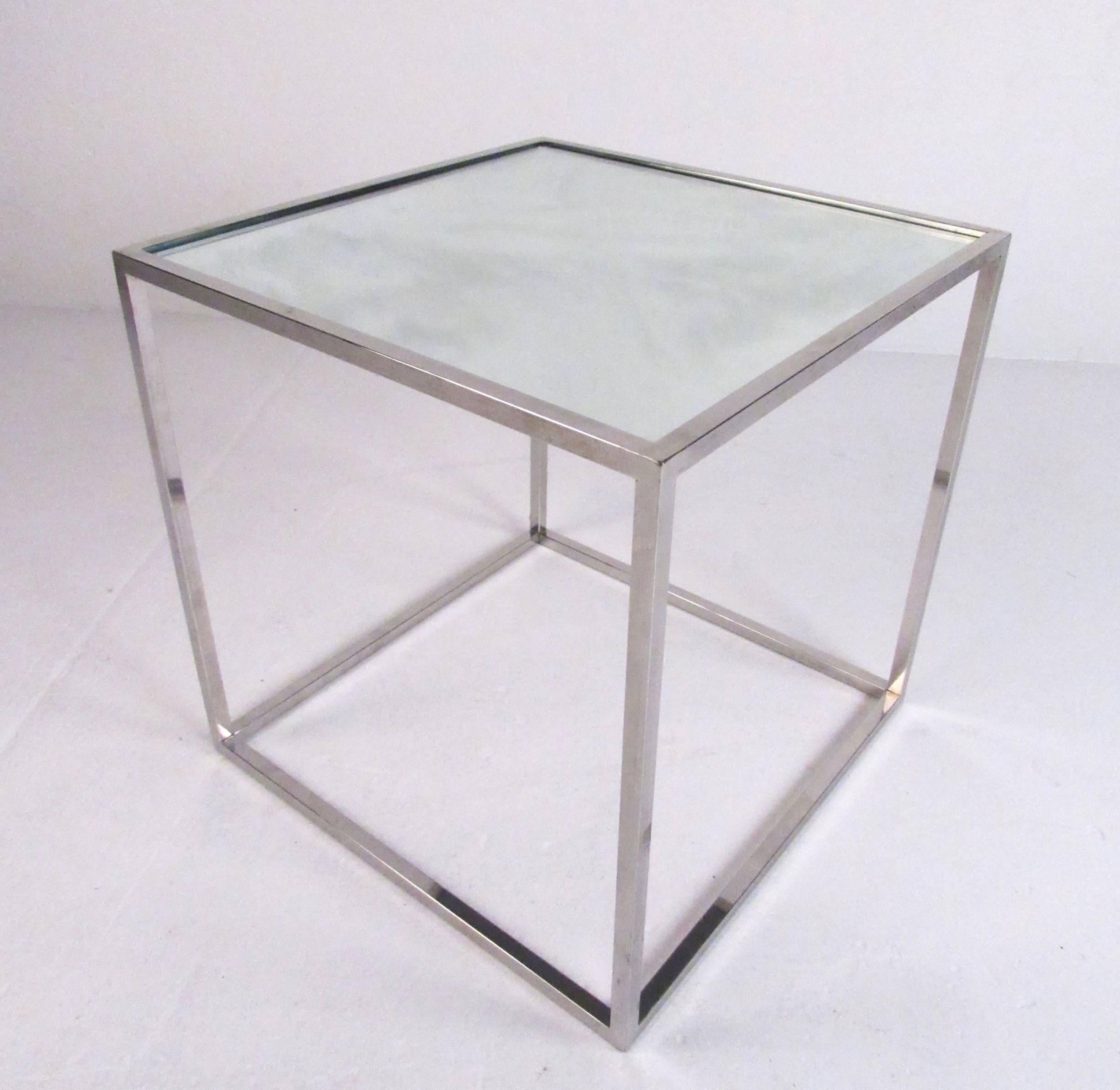 Pair of Milo Baughman Style Chrome and Glass End Tables 1