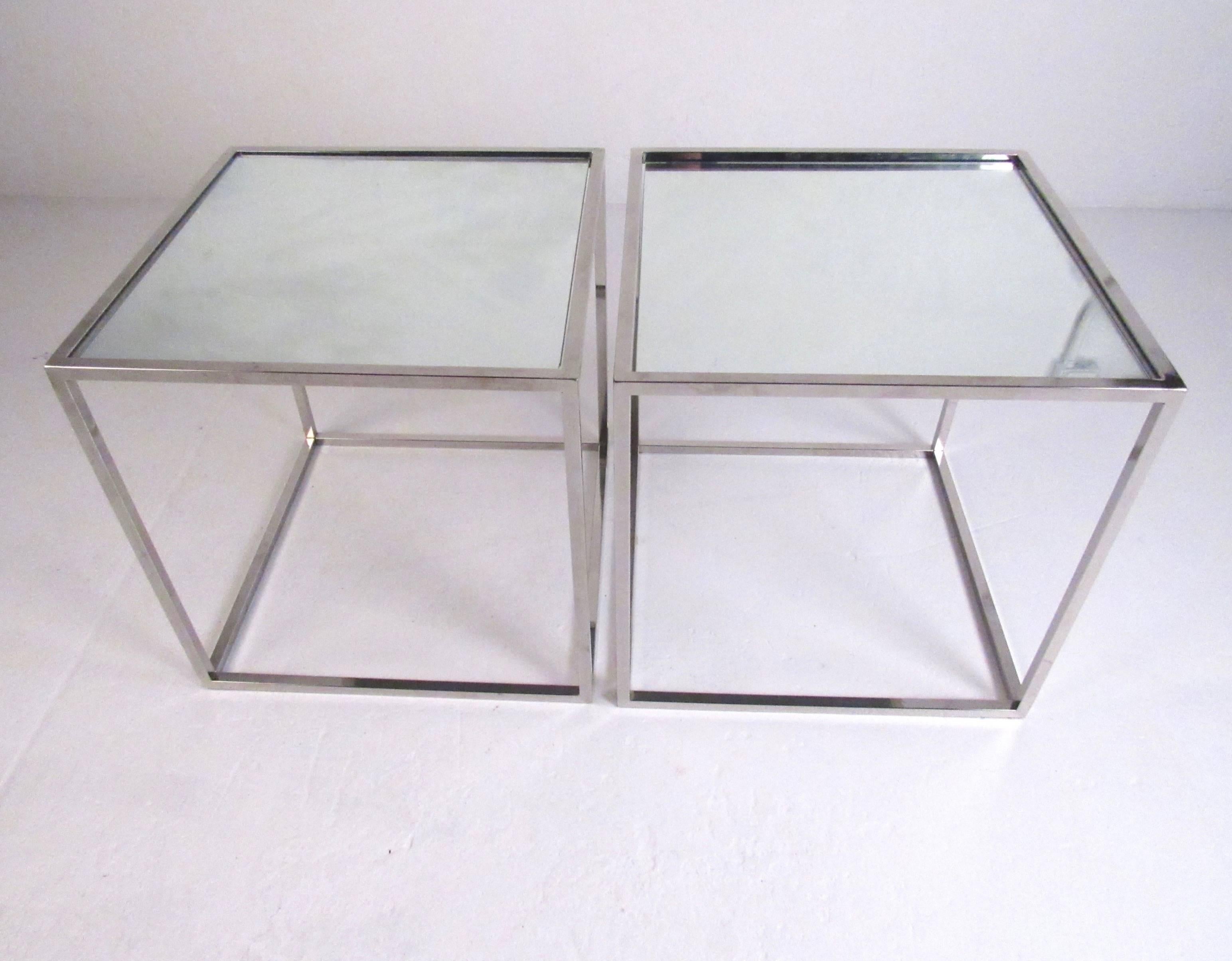 American Pair of Milo Baughman Style Chrome and Glass End Tables