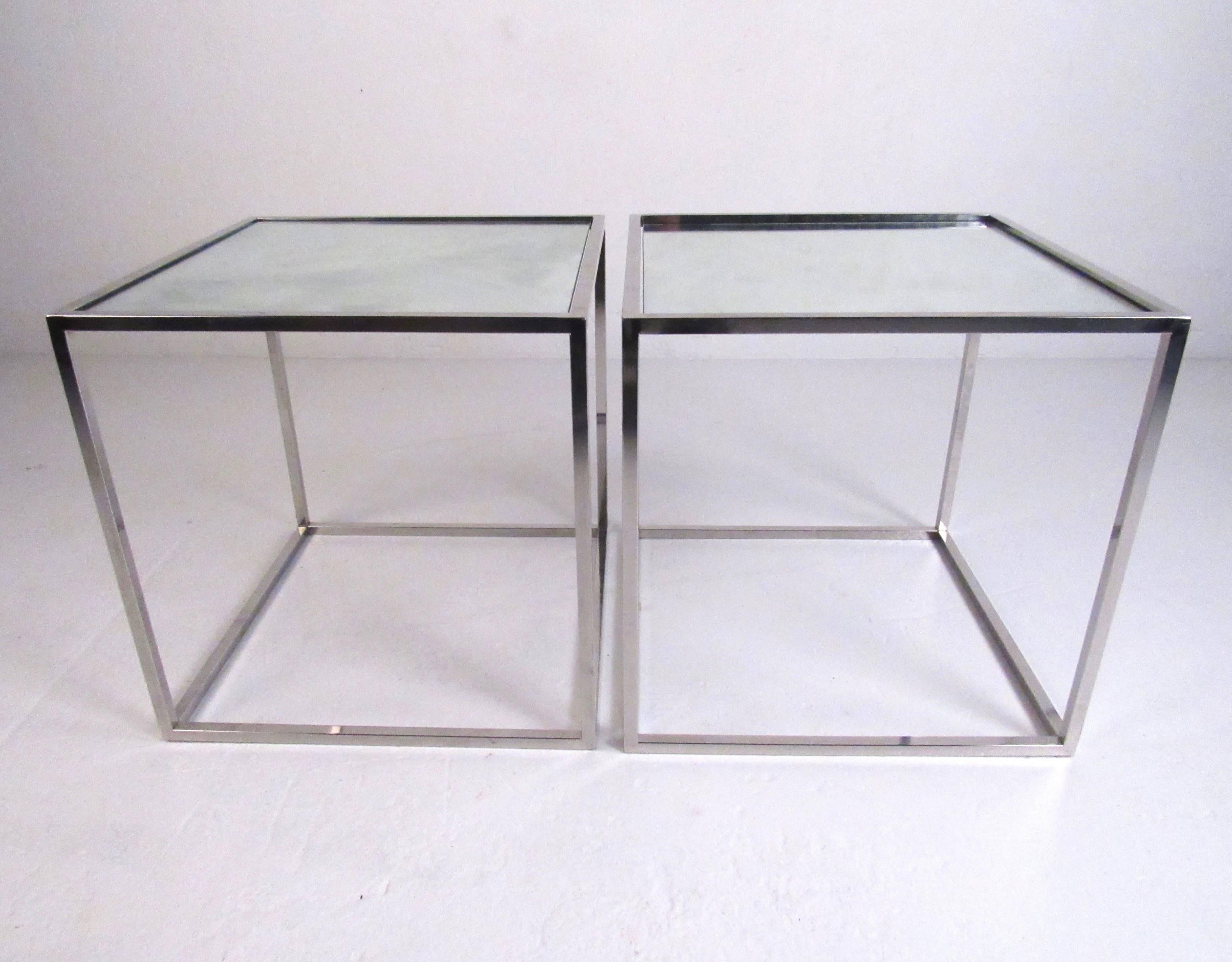 Mid-Century Modern Pair of Milo Baughman Style Chrome and Glass End Tables