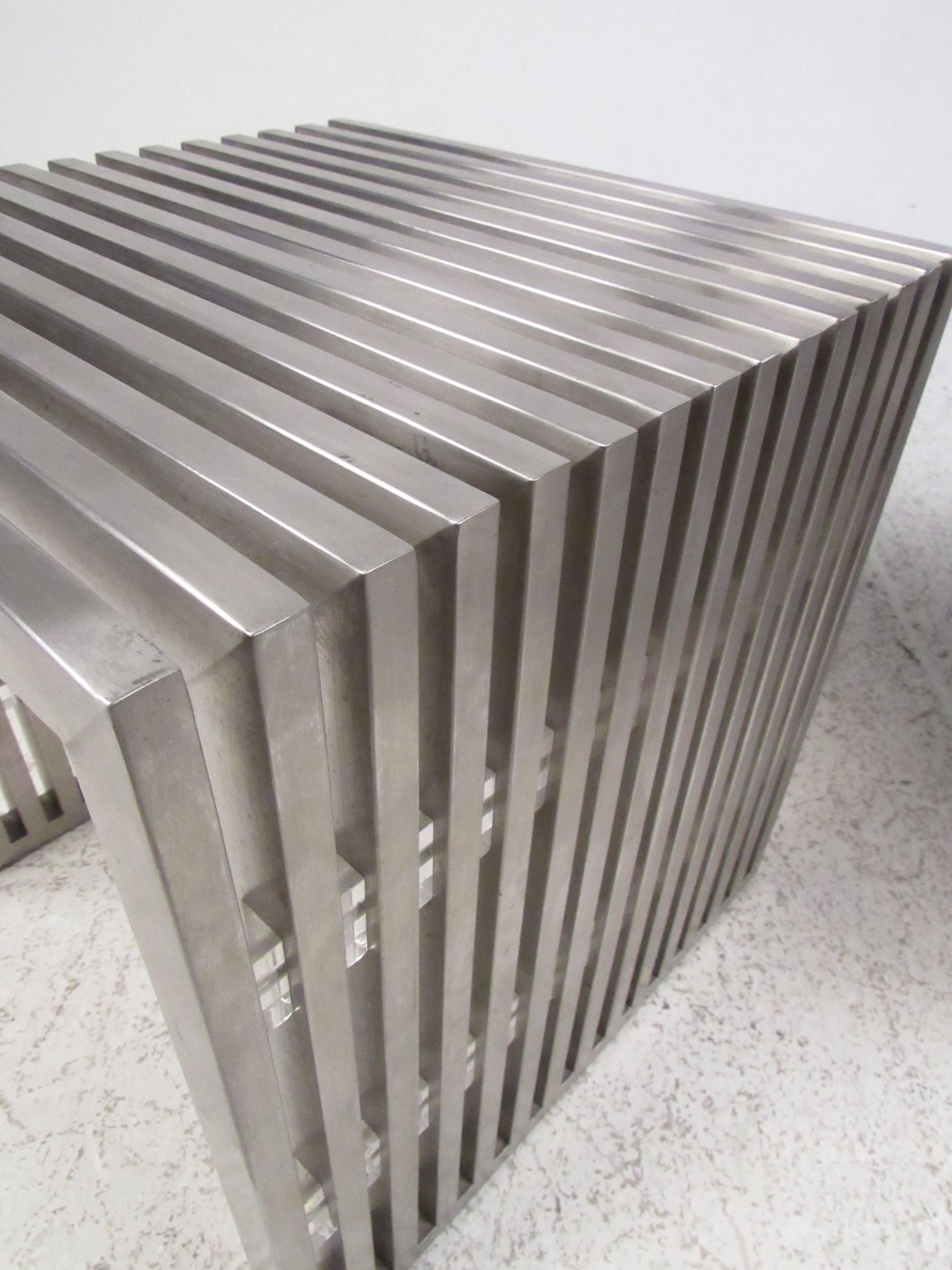 Metal Pair of Milo Baughman Style Slat Chrome Side Tables