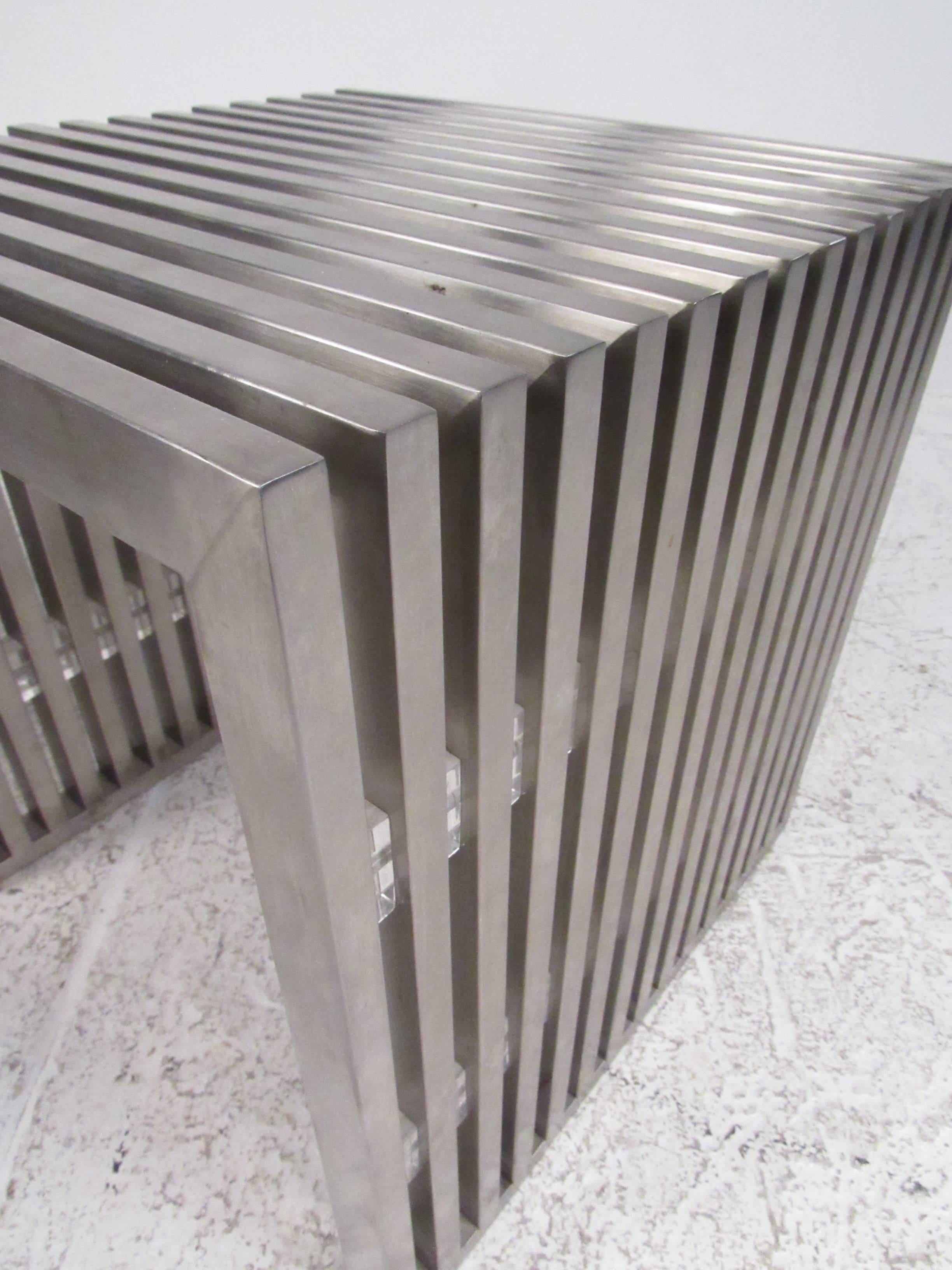 Pair of Milo Baughman Style Slat Chrome Side Tables 1