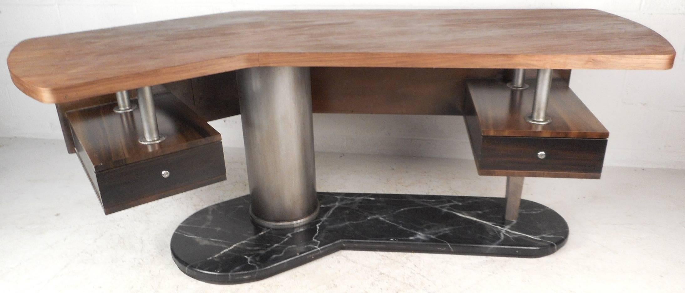 This beautiful contemporary modern desk features a heavy black base with a sculpted floating tabletop. Unique desk shape ensures convienent accessibility and plenty of work space. A massive cylindrical support provides optimal sturdiness without