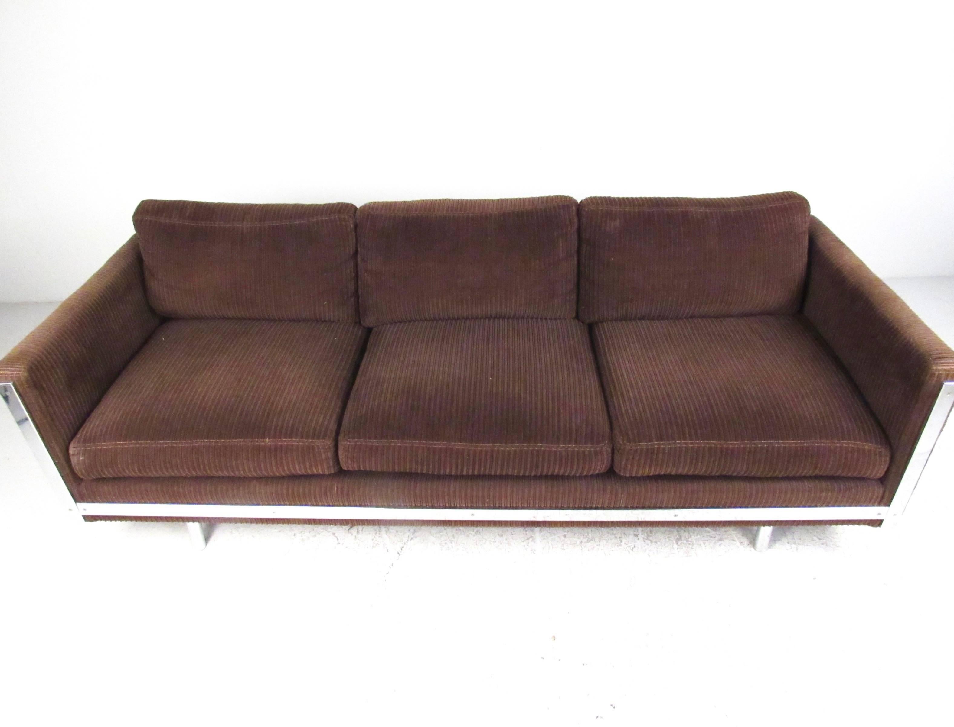 Contemporary Modern Three-Seat Sofa with Chrome Frame In Good Condition In Brooklyn, NY