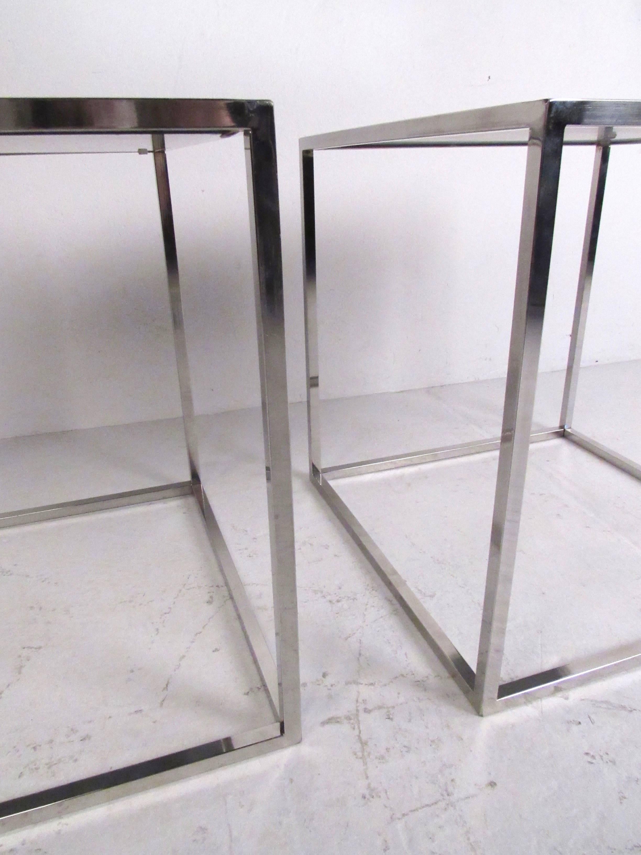 Pair of Contemporary Modern Chrome Cube End Tables 1