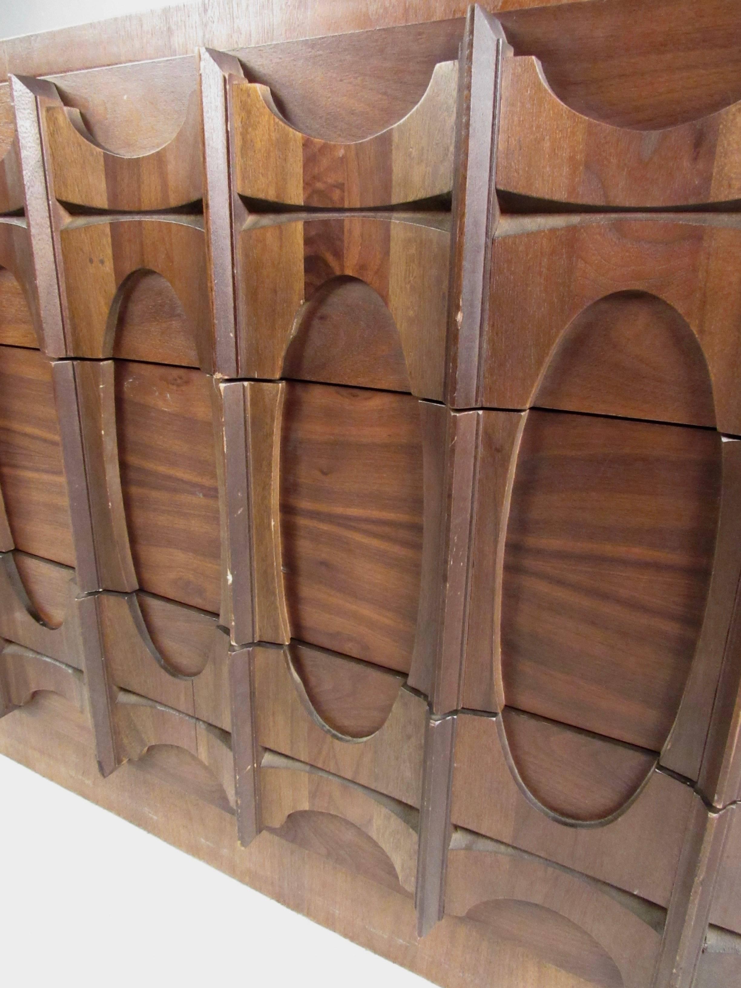 American Mid-Century Walnut Nine-Drawer Brutalist Dresser