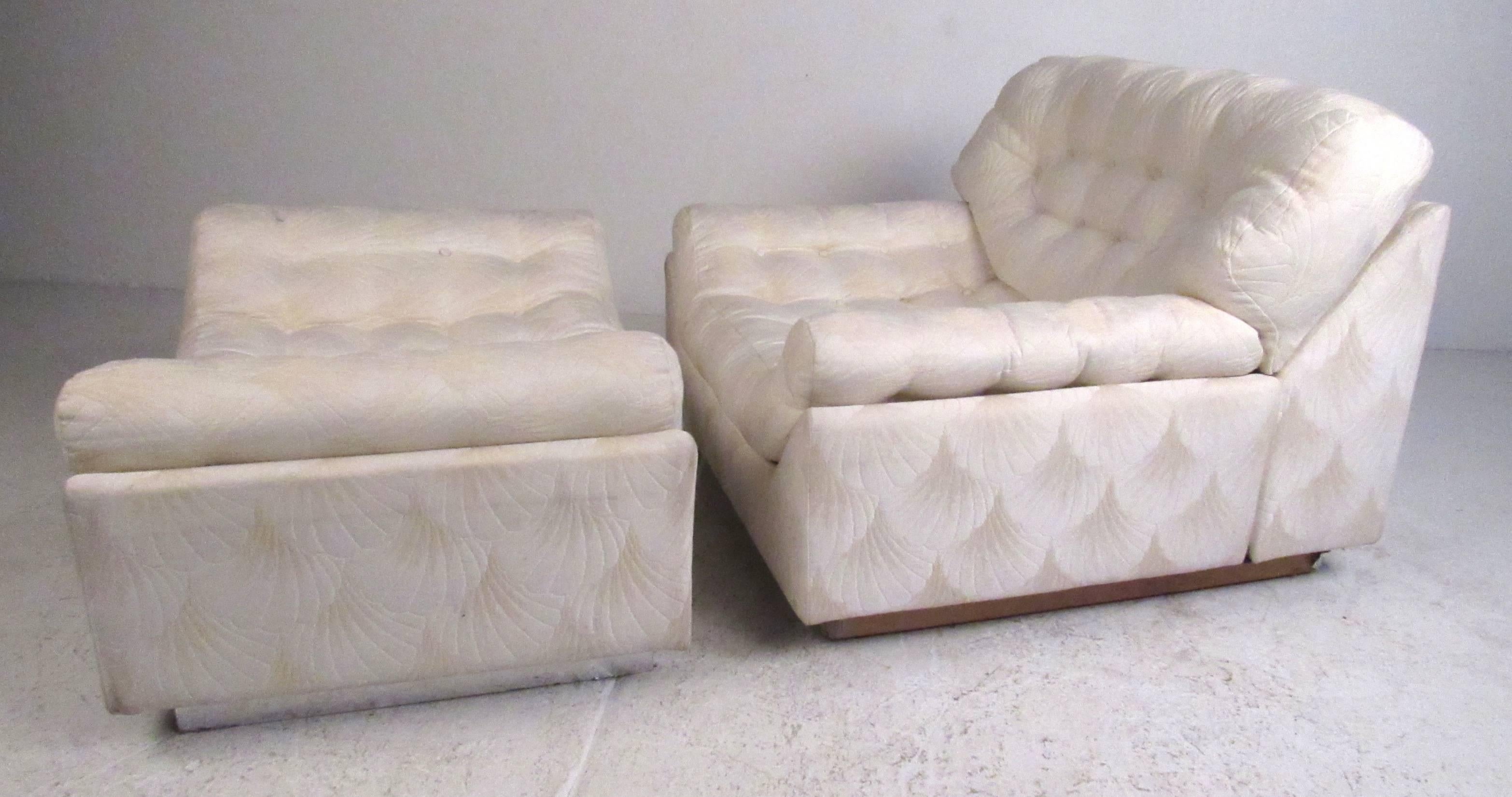 Vintage tufted low slung lounge chair with ottoman by Kane, Inc., custom furniture maker, Baltimore. Please confirm item location (NY or NJ) with dealer.
 