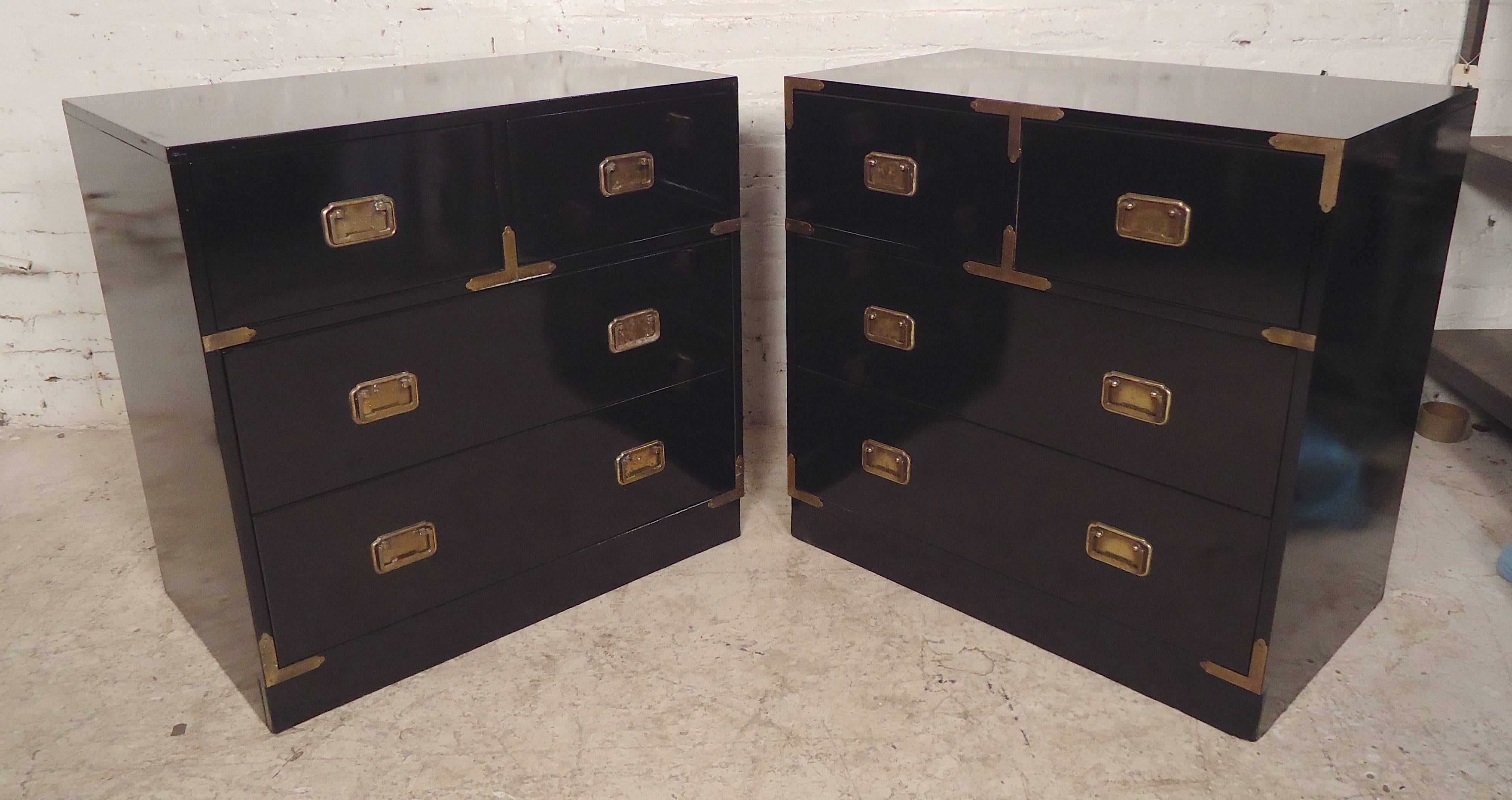 Refinished chest of drawers with brass hardware. Attractive Campaign style with a polished black finish.

(Please confirm item location NY or NJ with dealer).
 
