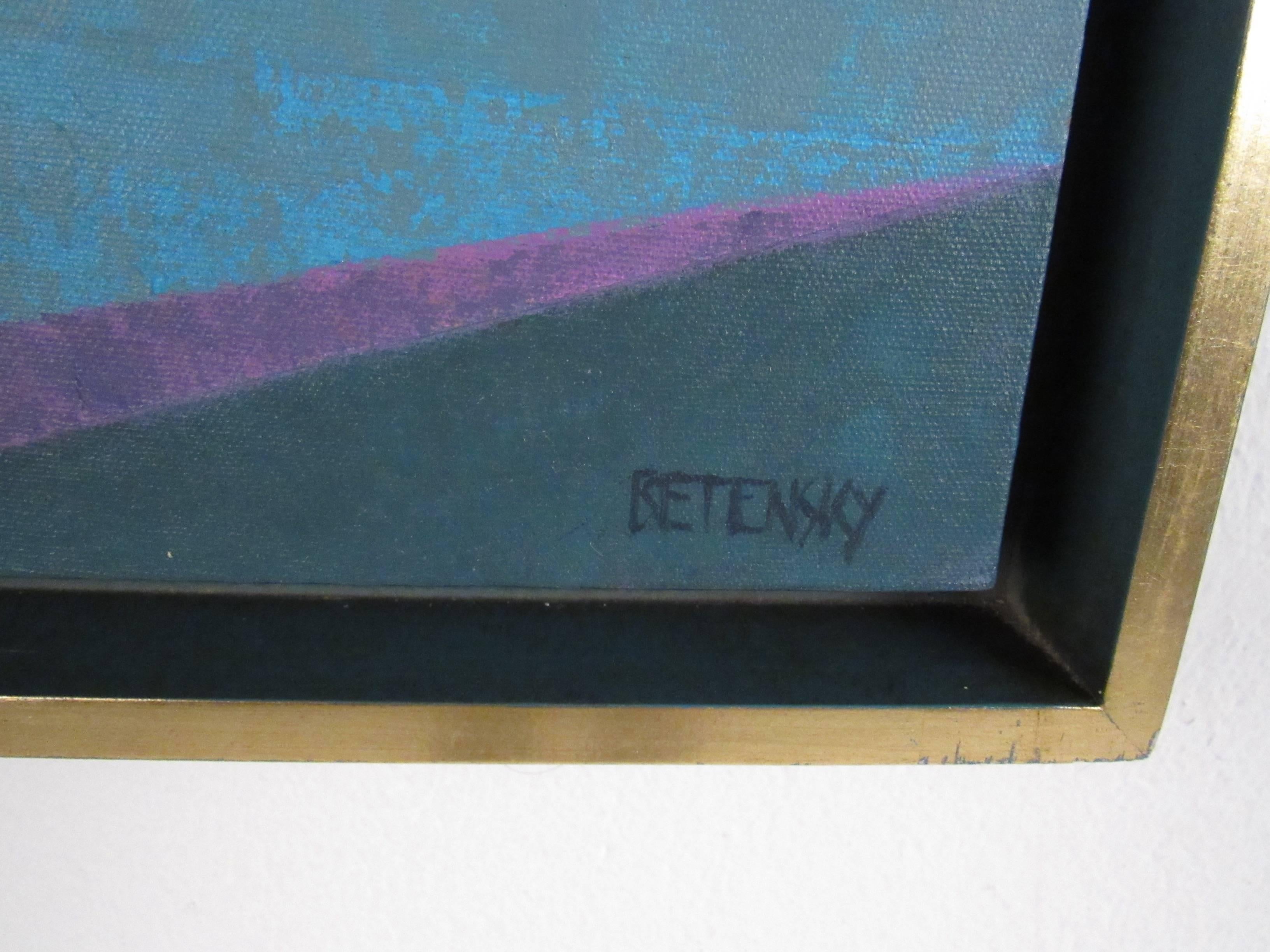 This unique abstract painting is signed "Betensky" and features a unique blue palette, and gold trim frame. Stylish vintage wall art for home or business, please confirm item location (NY or NJ).