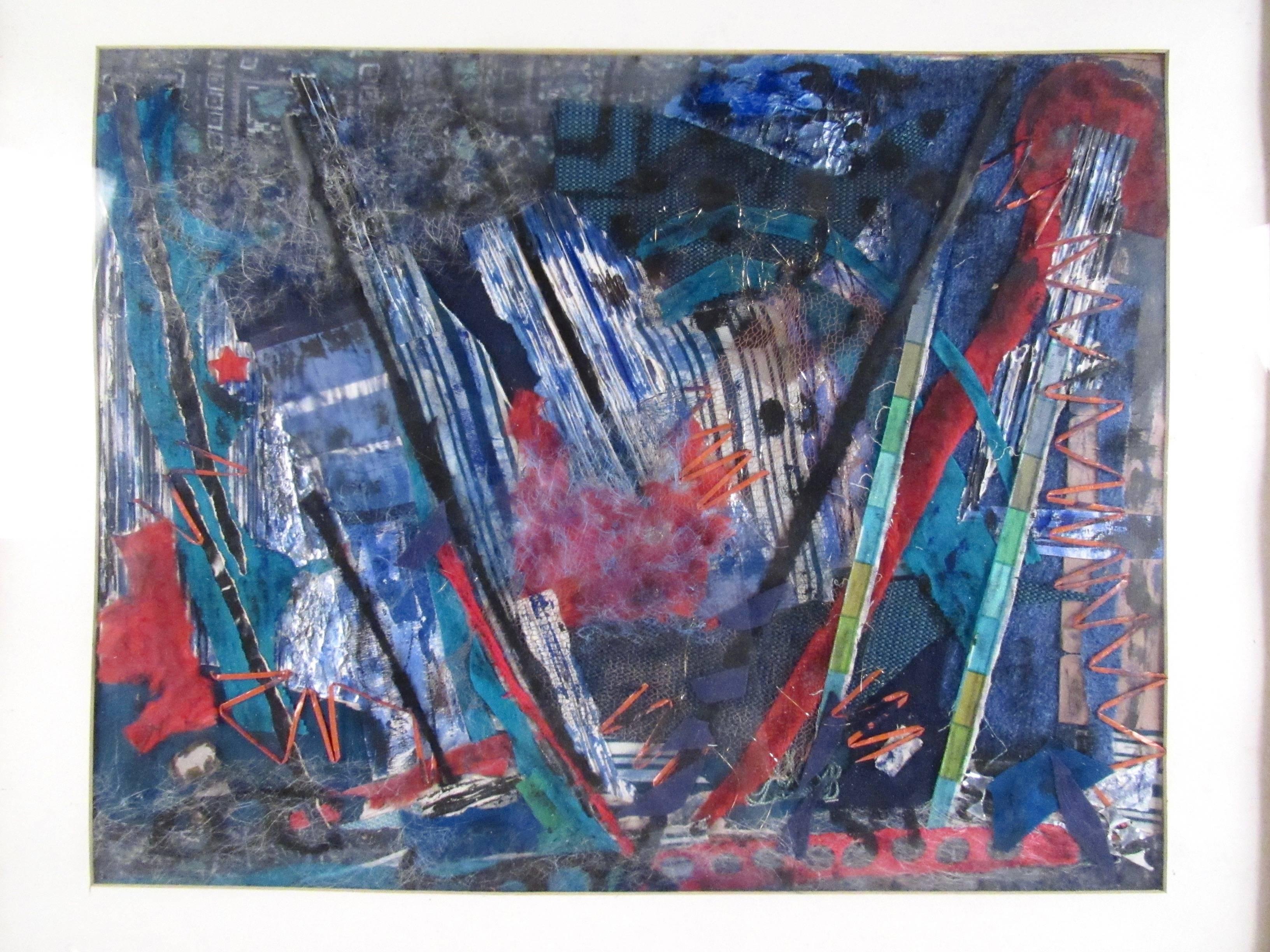 This framed abstract collage features a unique array of textiles, fabrics, and more colored with a wide ranging palette. This mixed-media artwork is framed for hanging in home or office. Please confirm item location (NY or NJ).