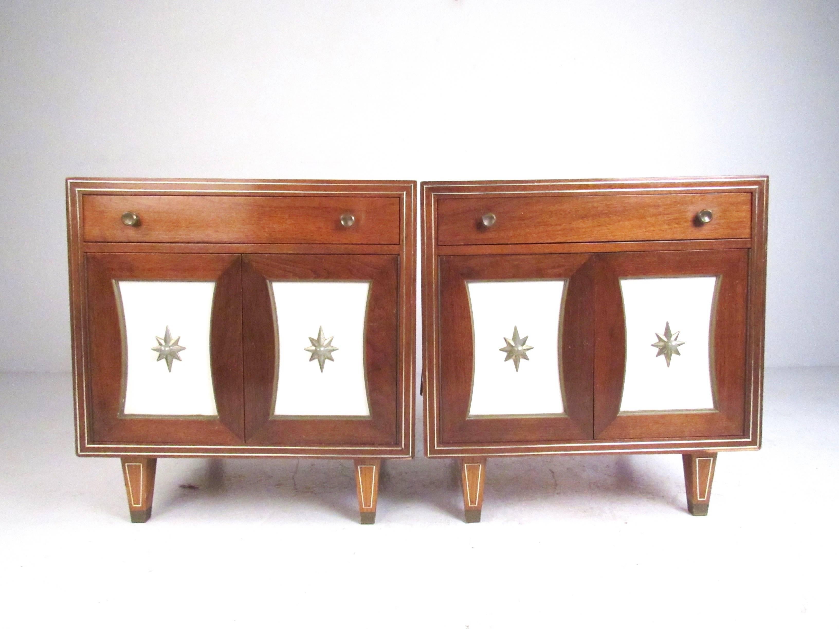 These unique vintage nightstands feature striking details, natural wood finish, and plenty of bedside storage. Sturdy American made end tables offer a top drawer and spacious interior storage. Unique brass trim, ornate starburst handles, and