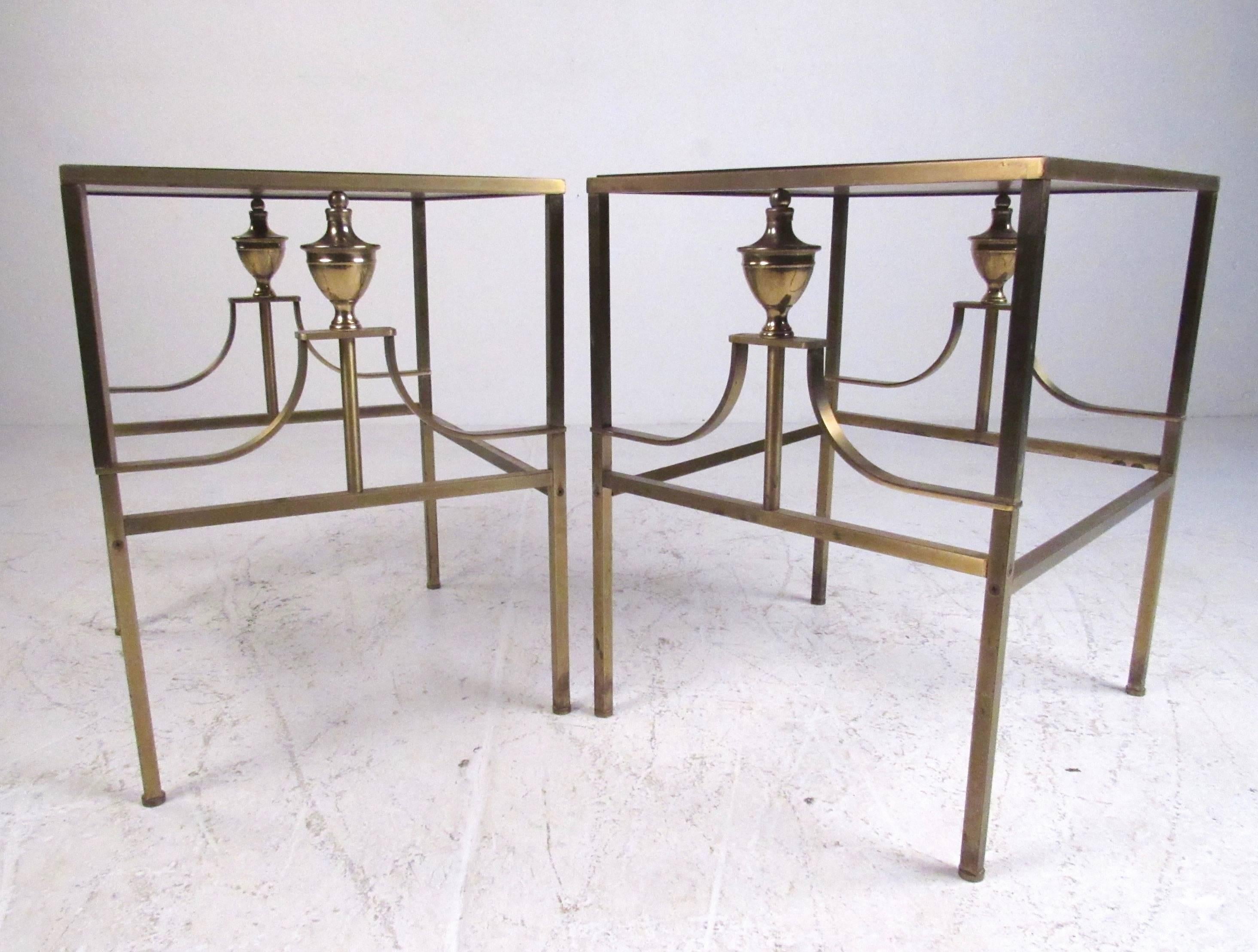 Mid-Century Modern Pair of Elegant Brass and Glass Top End Tables
