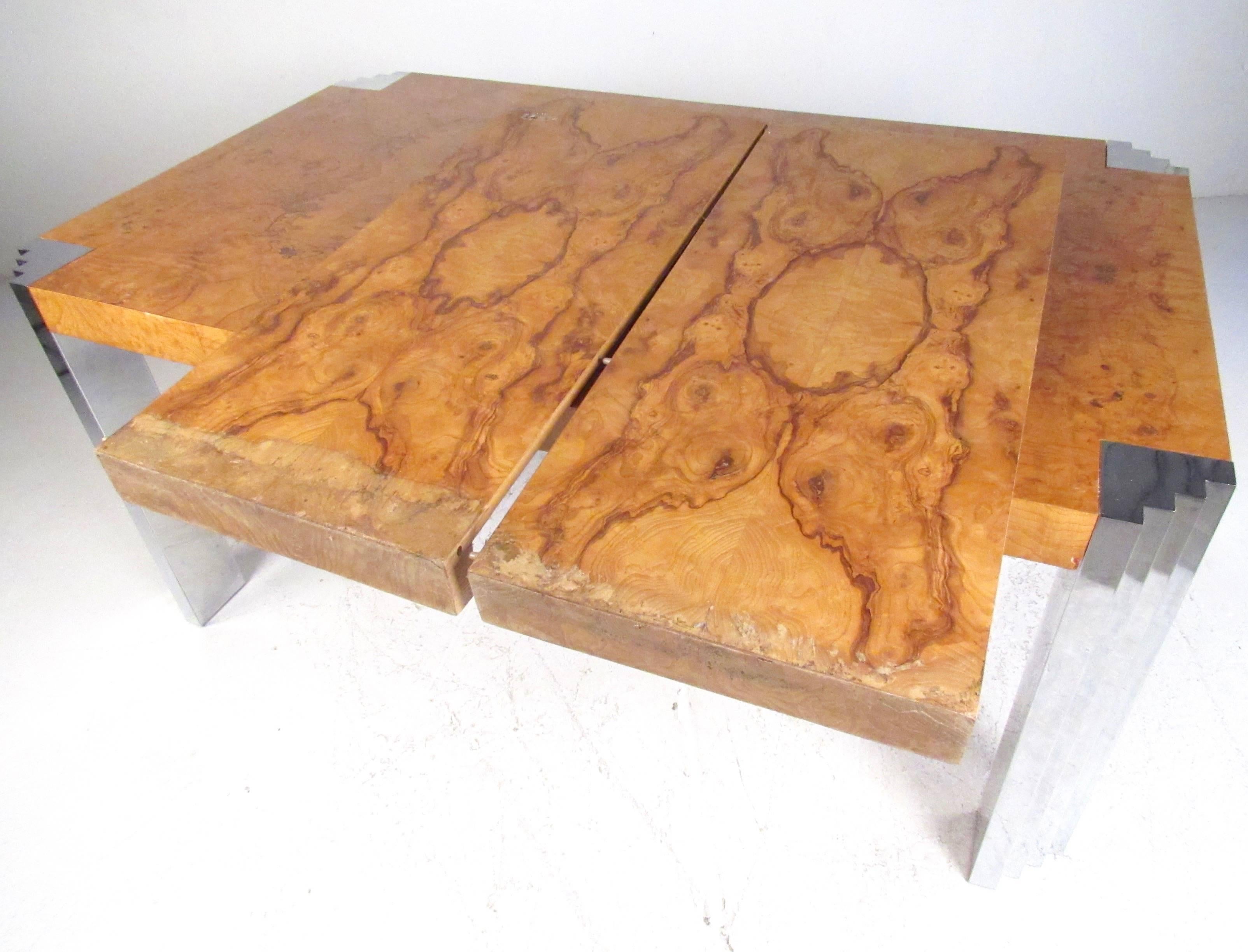 Vintage Milo Baughman Style Olive Burl Dining Table with Dining Chairs In Good Condition In Brooklyn, NY