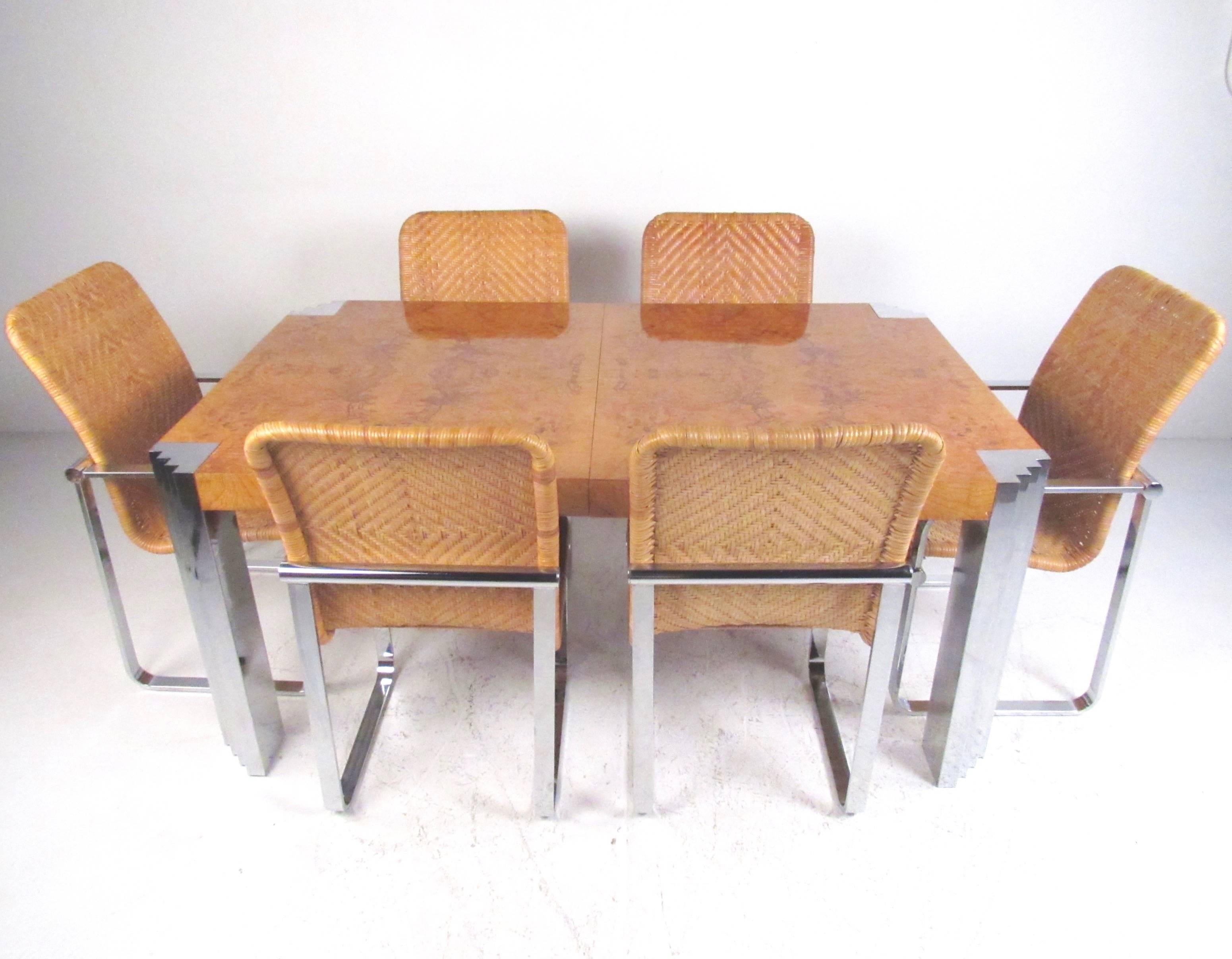 American Vintage Milo Baughman Style Olive Burl Dining Table with Dining Chairs