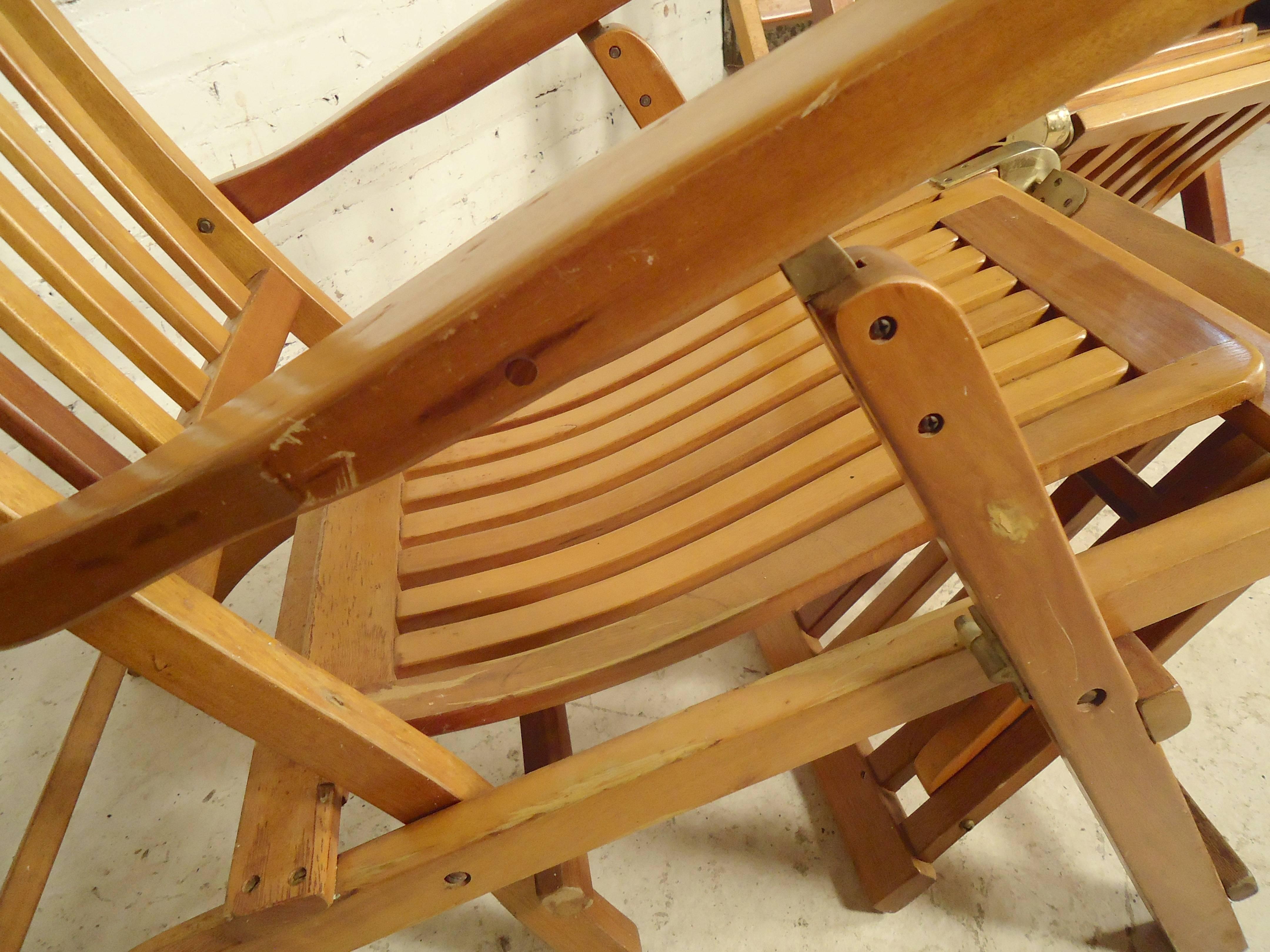 Folding Slat Deck Lounge Chairs In Good Condition In Brooklyn, NY