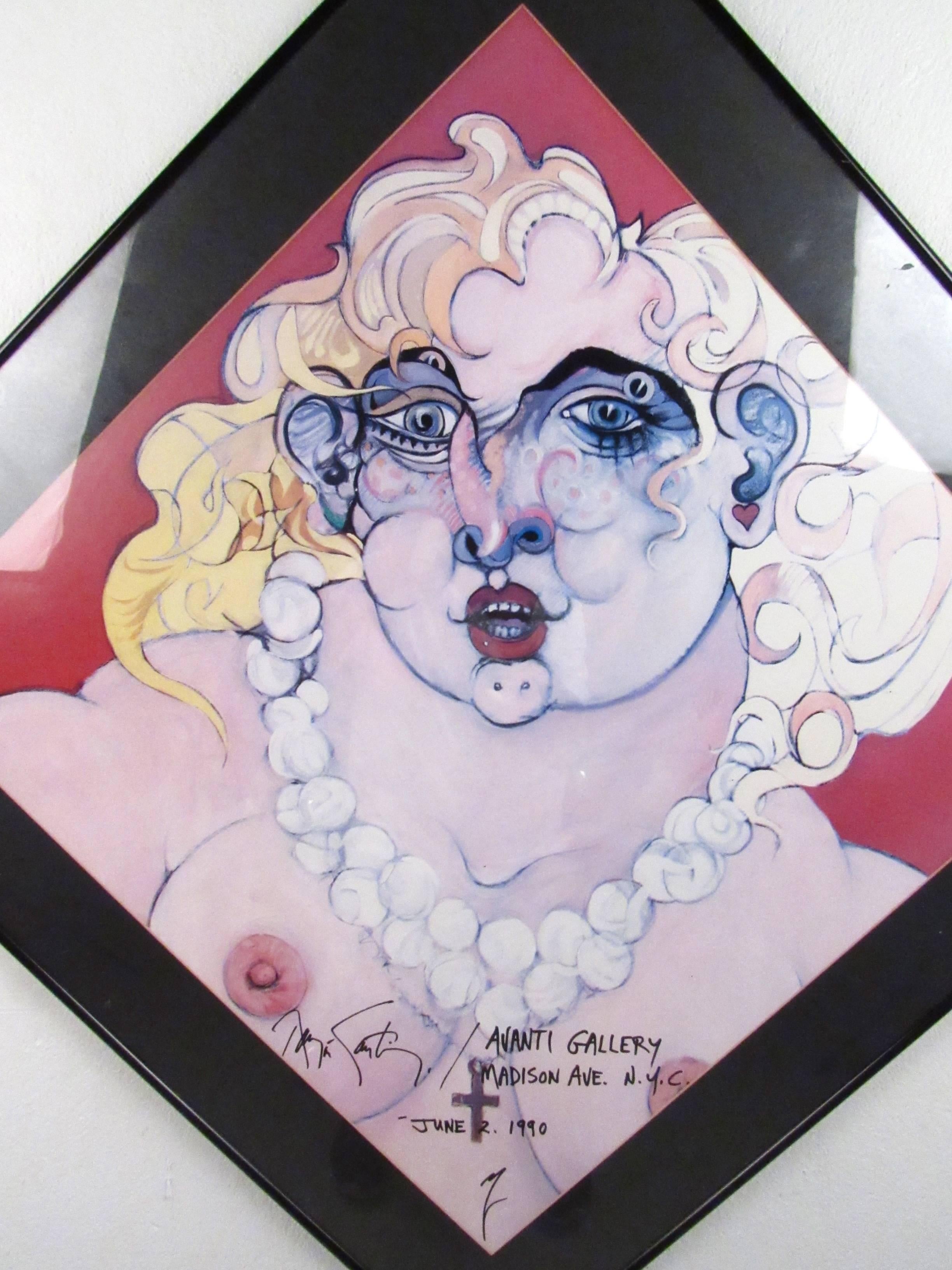 This unique nude caricature depicts a blonde woman in pearls, the colors and style of the artist make this an eye-catching piece for any modern interior. Signed and dated from the Avanti Gallery show on June 2, 1990 on Manhattan Ave NYC, artist's