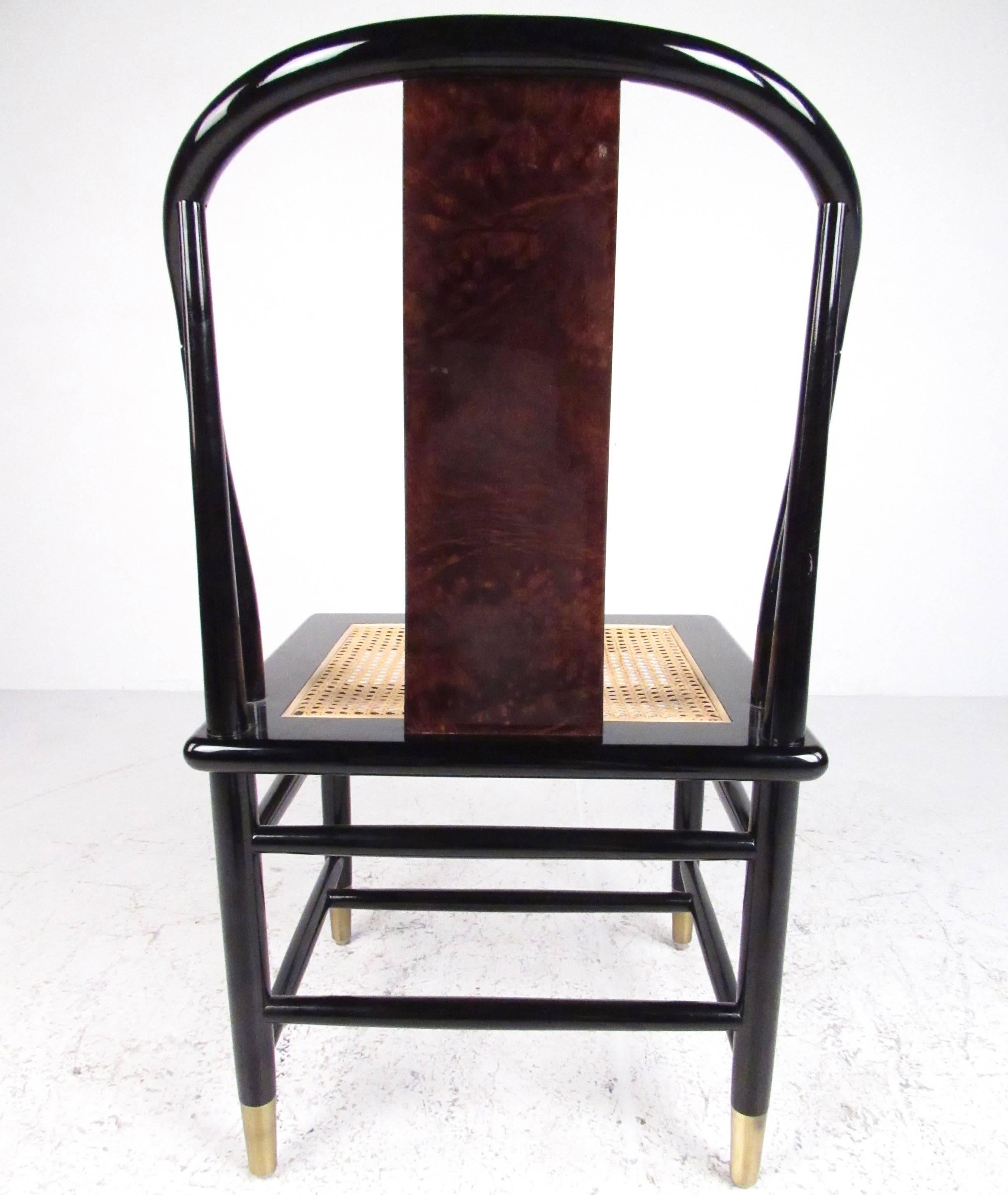 Vintage Modern Black Lacquer and Cane Dining Chairs by Henredon 2