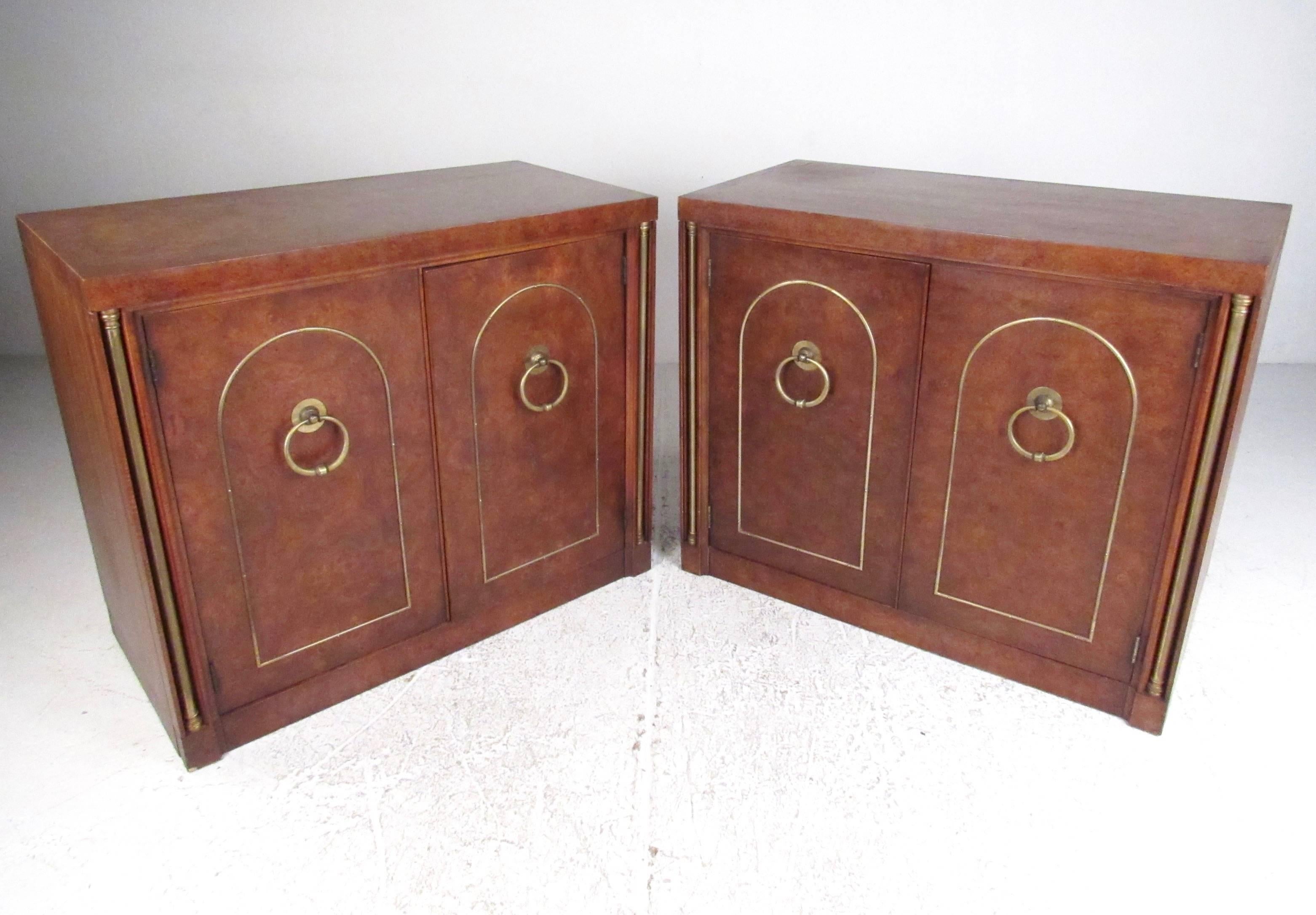 This matching pair of three drawer burlwood cabinets make a distinctive mid-century addition to any interior. Perfect cabinet dresser storage with unique brass trim and handles add to the vintage charm of the pair. Manufactured by Weiman, the