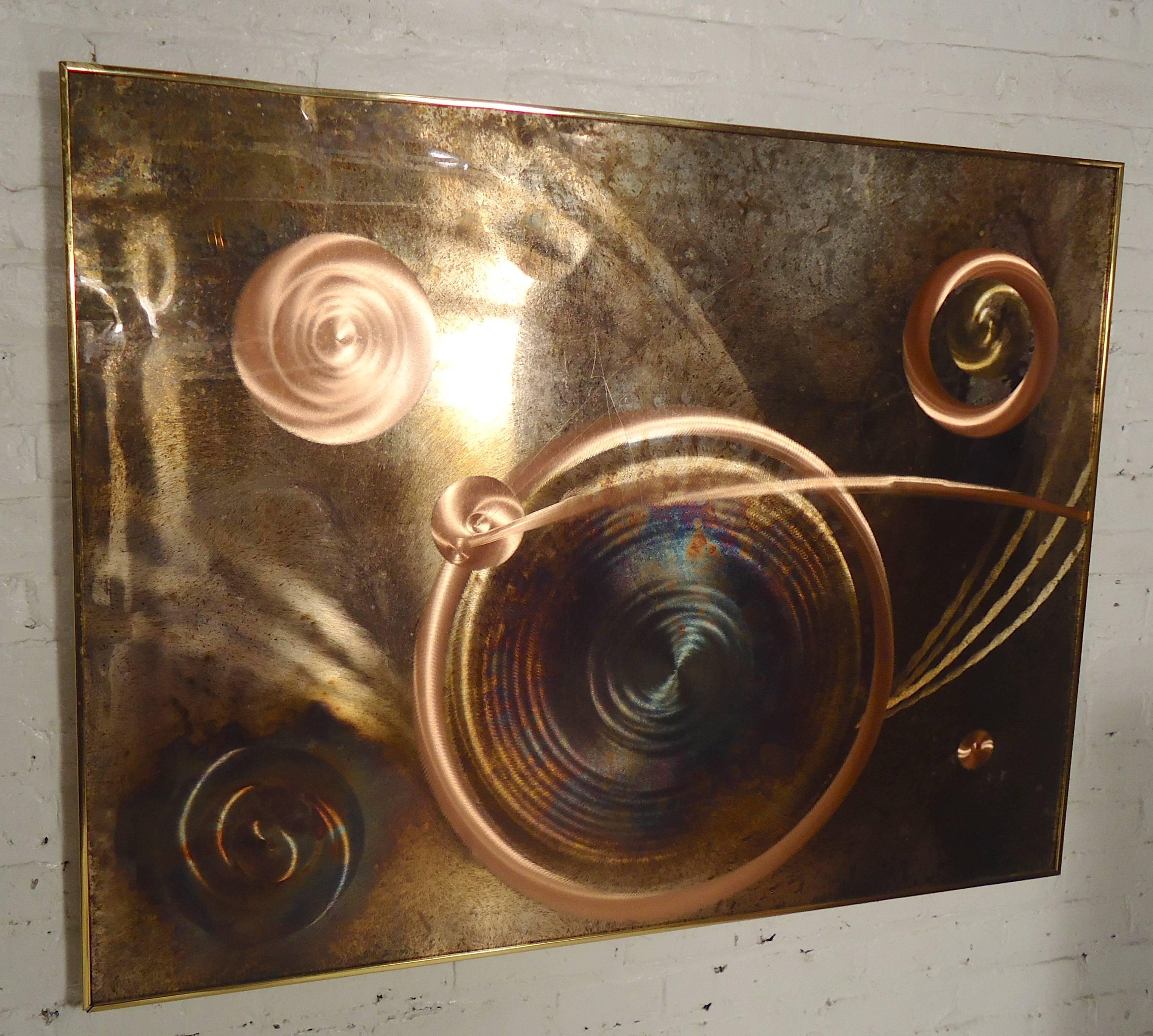 Beautiful framed wall art by Dale Clark signed. 
Beautiful designs are formed as a result of a chemical reaction between the plated surface and highly corrosive acids. Additional textures are introduced by carving, grinding and etching. 

(Please