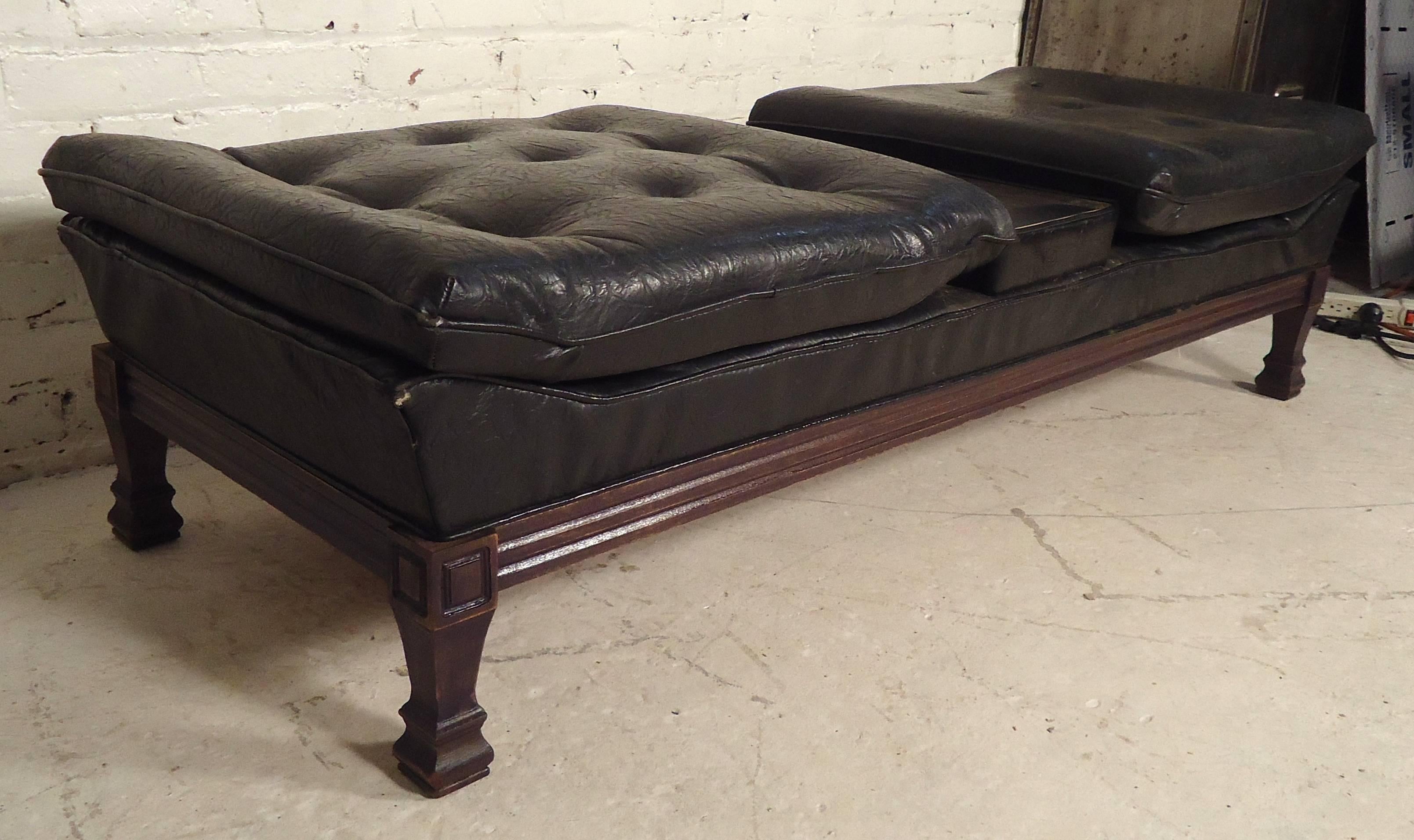 Vintage modern vinyl bench with carved wood frame. Attractive style that can accent modern or antique decor.

(Please confirm item location - NY or NJ - with dealer).
 
